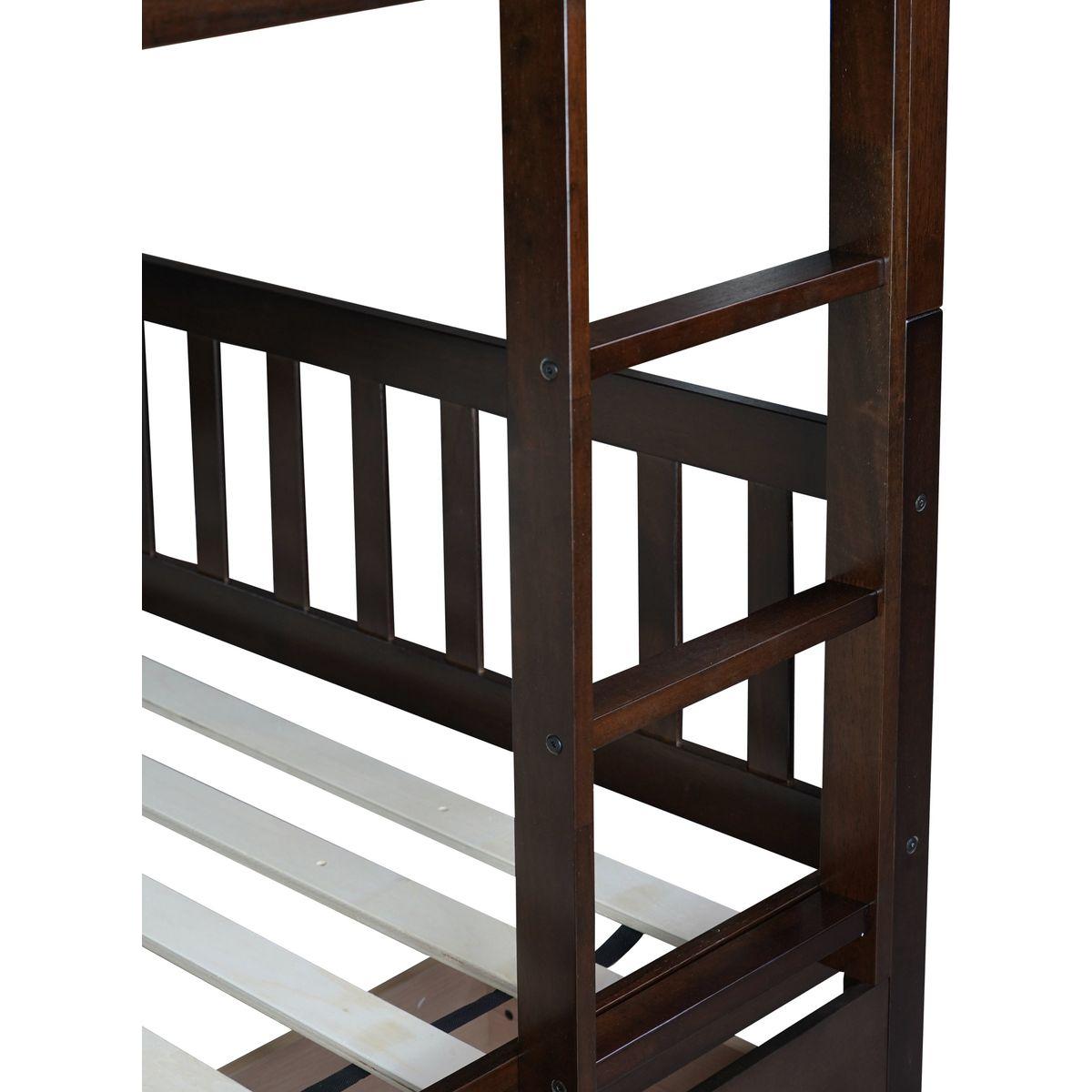 full Over full Rubber Wood Bunk Bed with 2 Drawers, Convertible into 2 full Beds, full Size Bunk Bed with Ladder and Safety Guardrails ,Espresso