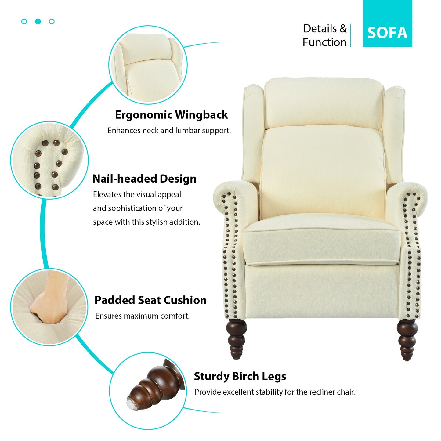 Upholstered Push Back Recliner Chair with Classic Wing Back, Beige Chenille, 29.75'