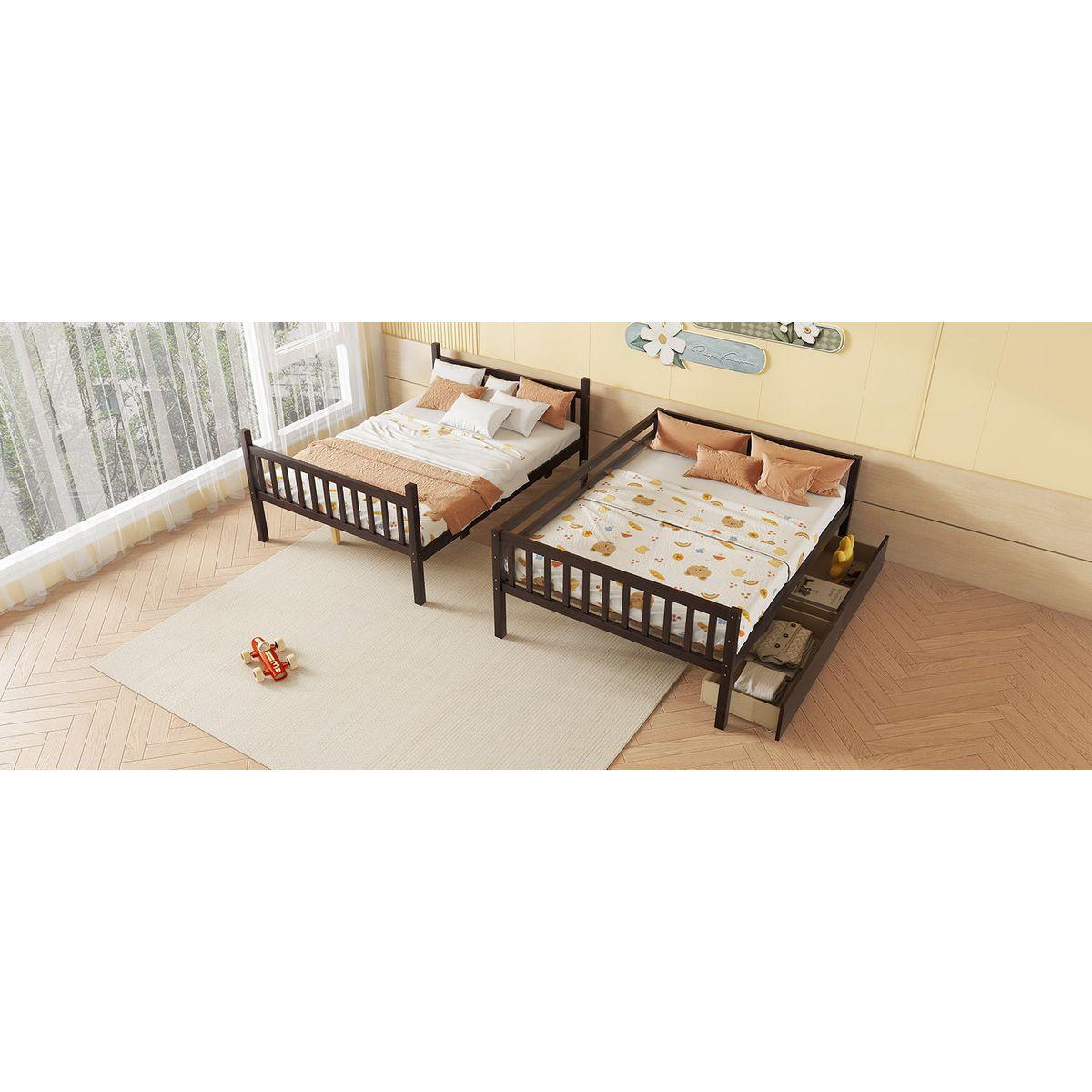 full Over full Rubber Wood Bunk Bed with 2 Drawers, Convertible into 2 full Beds, full Size Bunk Bed with Ladder and Safety Guardrails ,Espresso
