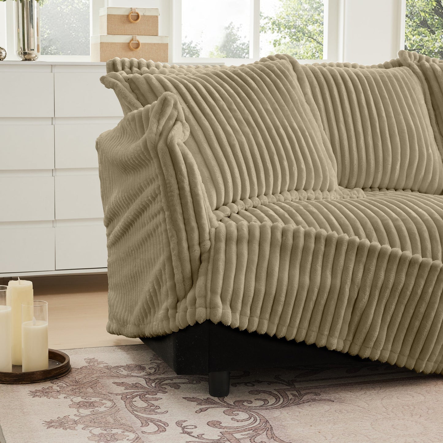 Upholstered Slipcovered Armchair with Ottoman, Deep Seat Armchair W/ Wide Ottoman for Living Room, Armchair Sets with Large Soft Pillows(Set of 2), Camel Corduroy Fabric