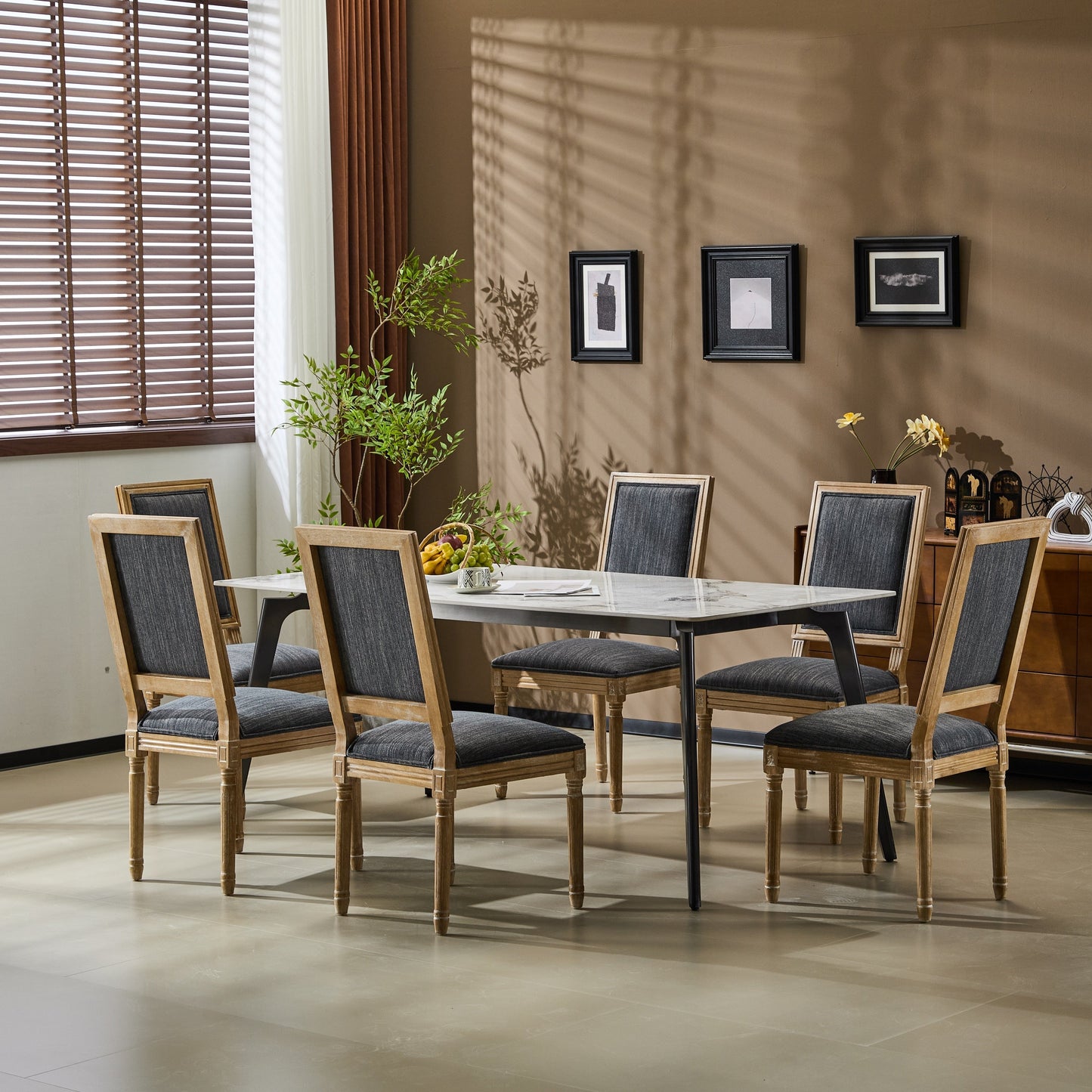 Vintage Inspired French Country Dining Chairs Set - Elegant Cane Backrest & Upholstered Seats - Rustic Weathered Finish - Solid Rubberwood Frame