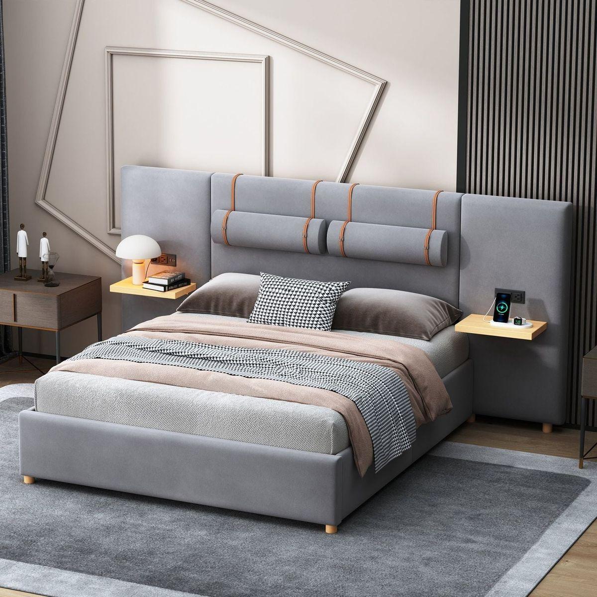 Bedroom Bedding & Decor: Queen Upholstered Platform Bed, Two Outlets and USB Charging Ports on Both Sides, Two Bedside Pillows, Storage Shelves, Velvet,Gray by Streamdale Furniture