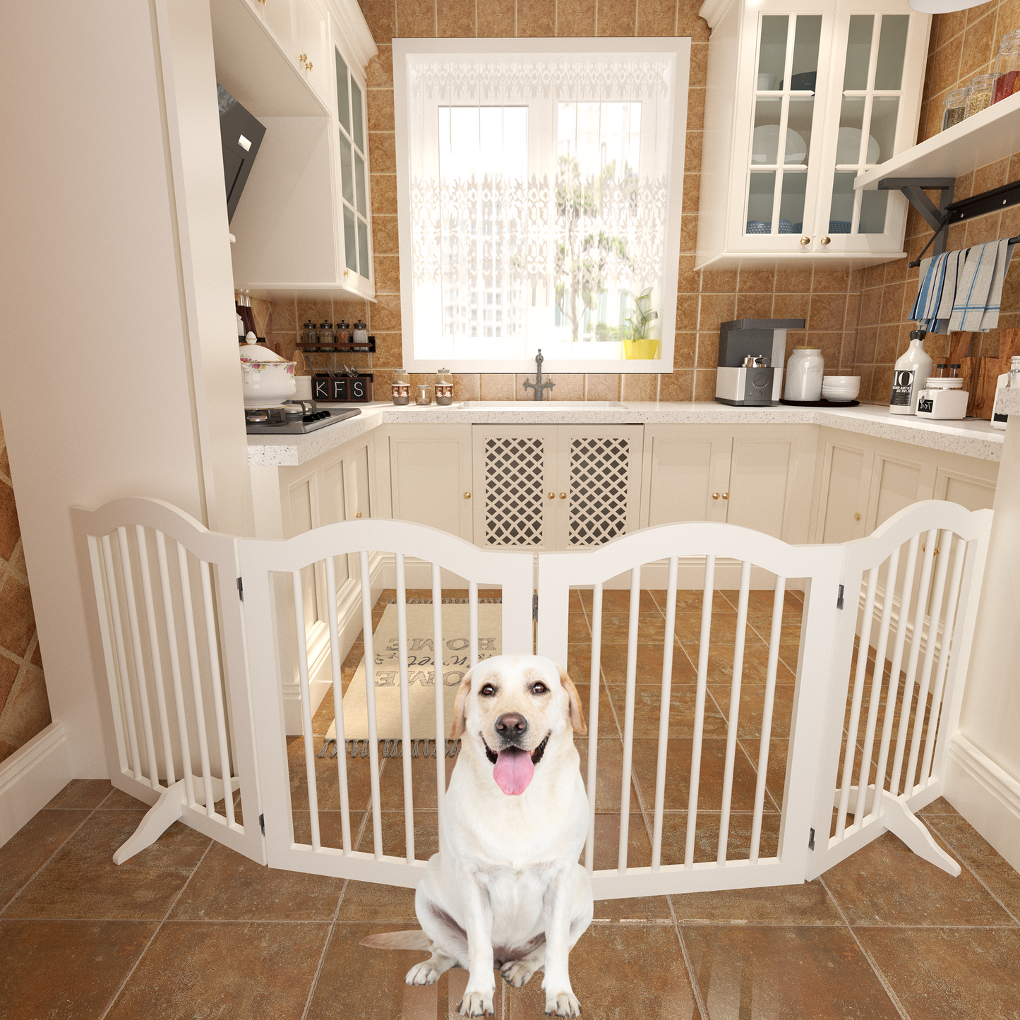 27.6' Height Tall Freestanding Pet Gate, 4 Panels Foldable Dog Gate, Solid Wood Folding Safety Fence Wooden Dog Gate with 2 pcs Support Feet Ideal for Stairs, Doorways, Halls, Kitchens, Heavy Duty Gat