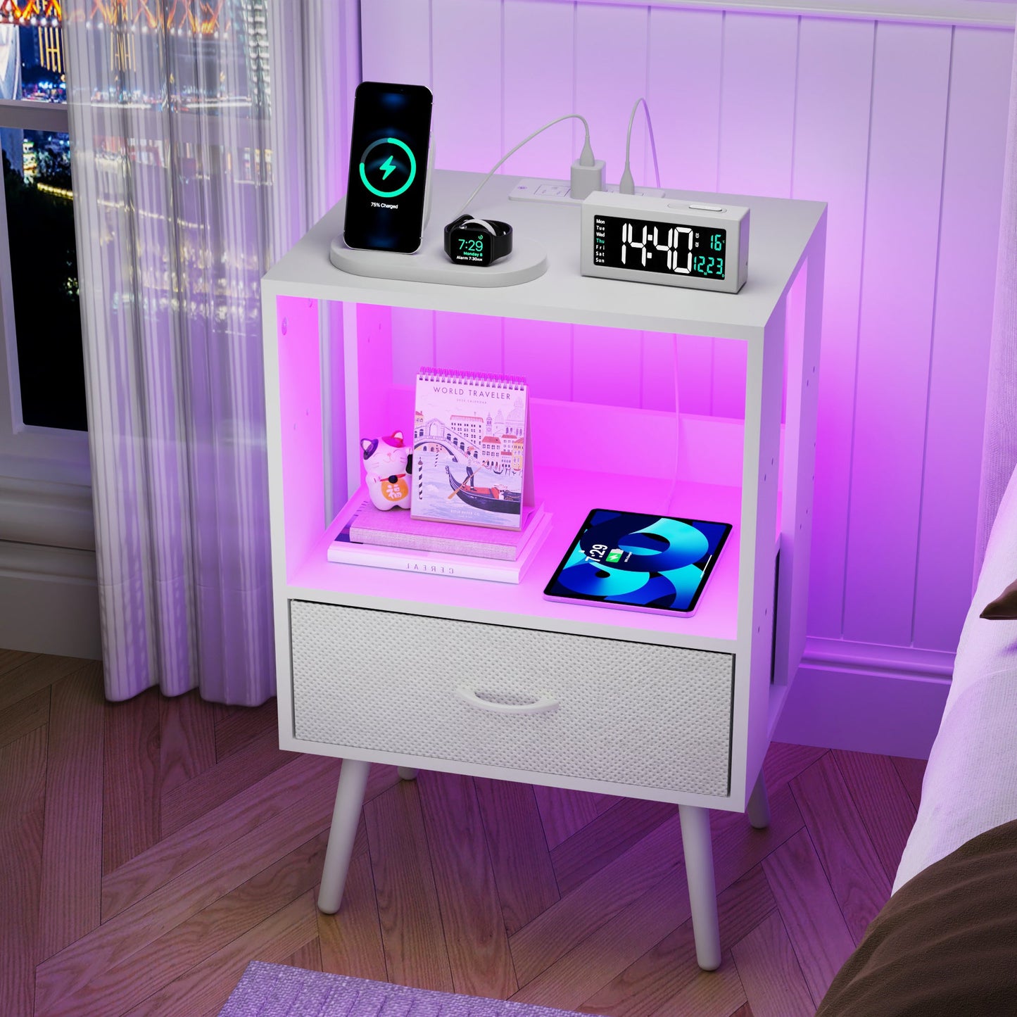 2 Pack Modern Nightstand with Charging Station, Bedside Tables with LED Light and Fabric Drawers