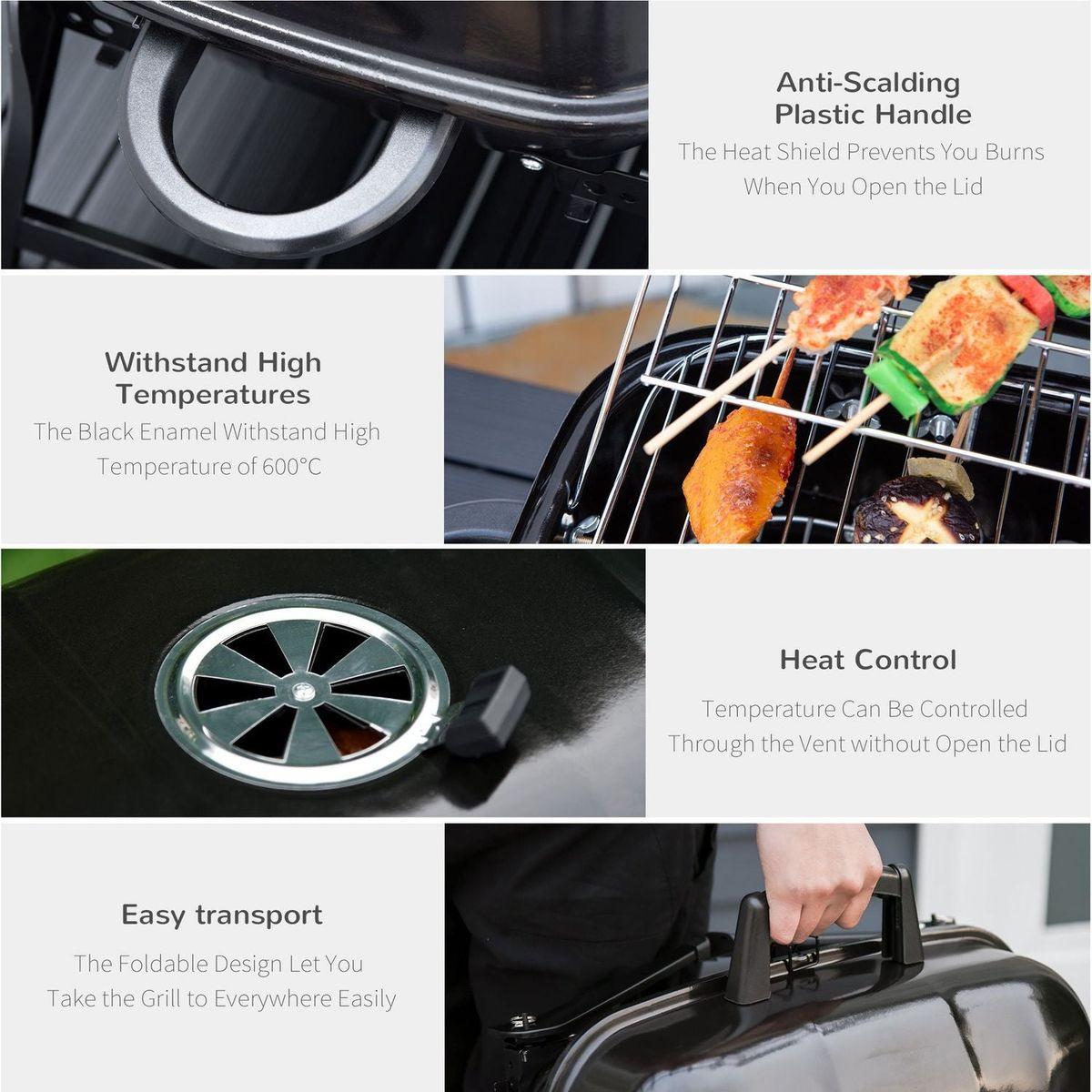 14" Portable Charcoal Grill, Tabletop Small BBQ Grill for Outdoor Cooking, Camping, Tailgating, Enamel Coated, Vent, Folding Legs, Black