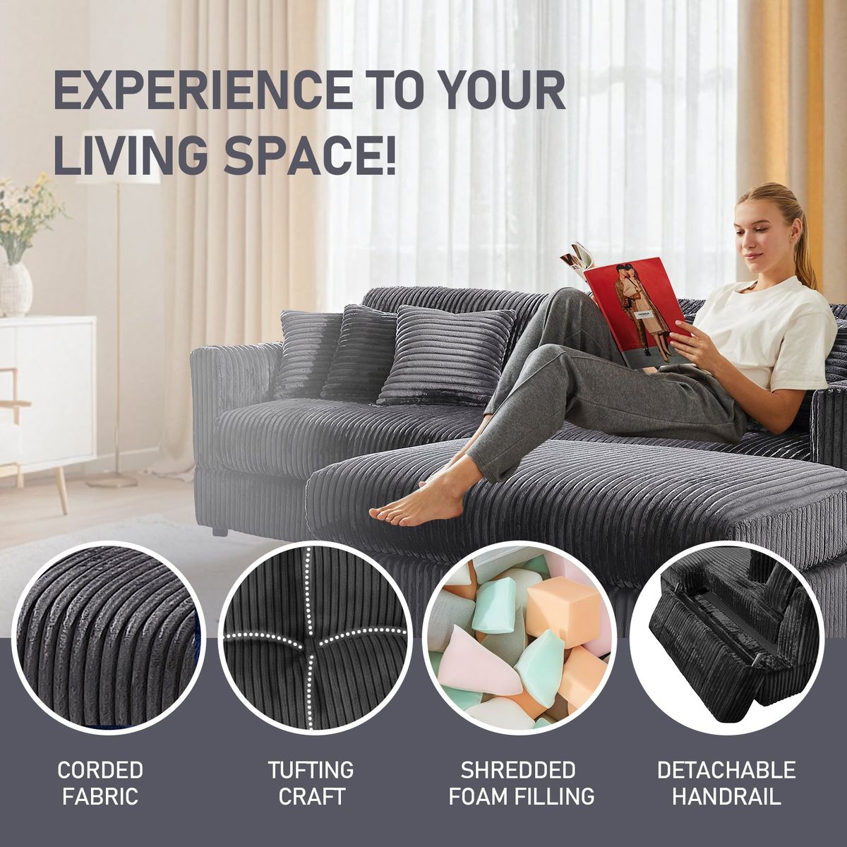 105' Oversized Sectional Sofa Cloud Couch for Living Room, Modern stripe L Shaped Couch, Comfy Boucle Modular Sofa Sleeper with Moveable Ottoman (Gery)