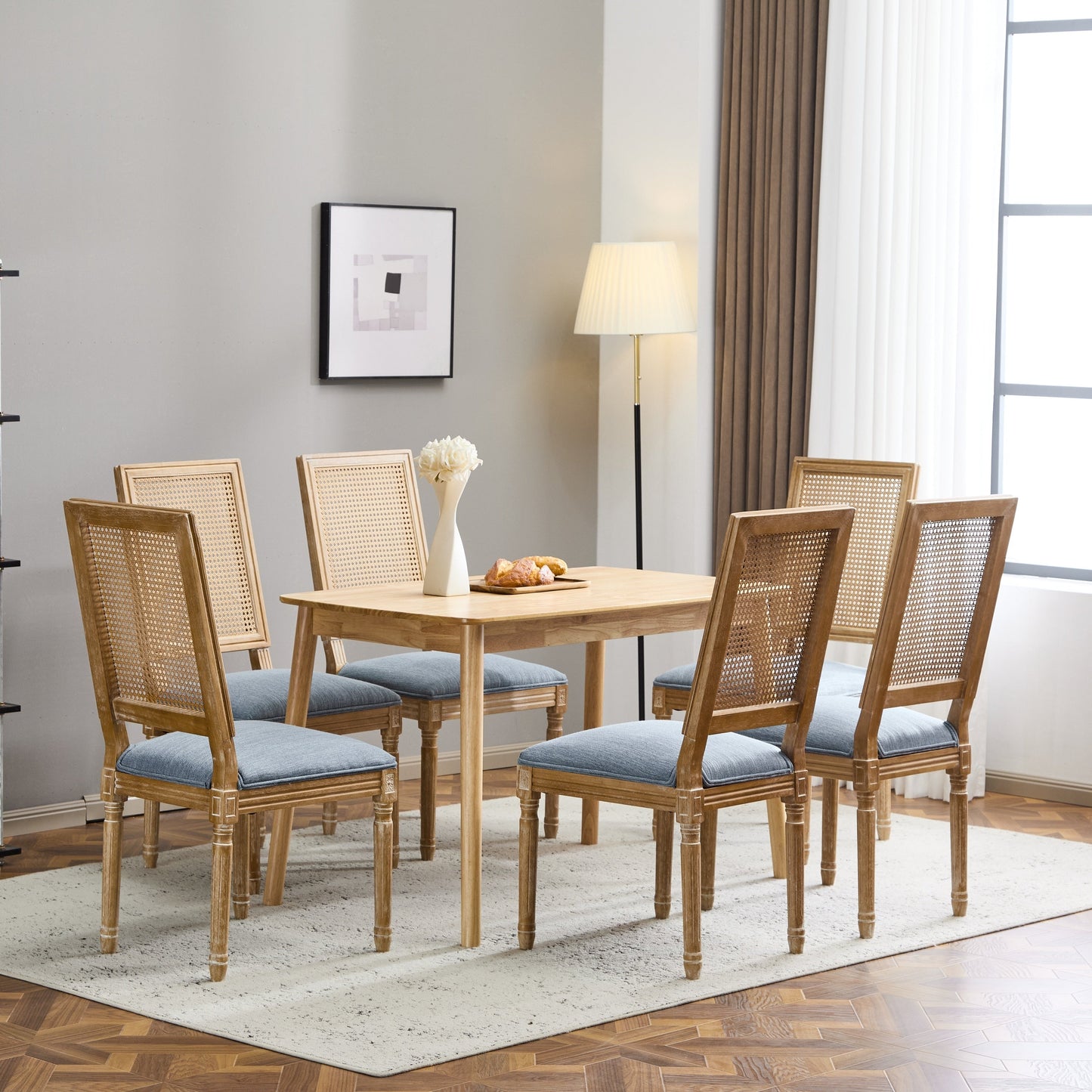 Vintage Inspired Set of 6 French Country Dining Chairs with Cane Backrest & Upholstered Seats in Rustic Weathered Finish