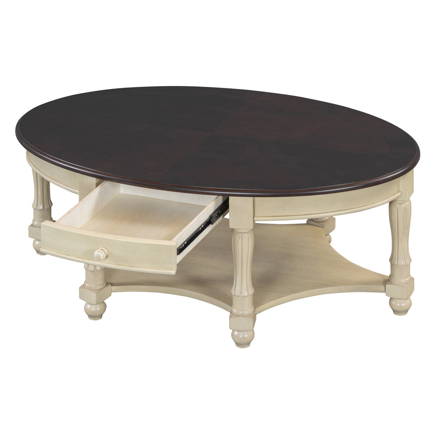 Vintage Oval Coffee Table with Drawer and Storage Shelf, Antique Cocktail Table in 45', French Country Accent Table for Living Room,Beige and Espresso