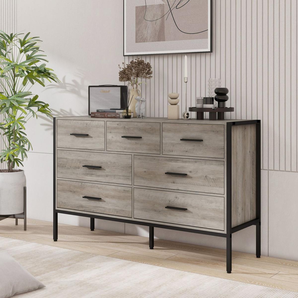 Wood Dresser with 7 Drawers, Wooden Storage Closet for Bedroom, Solid Clothes Cabinet with Sturdy Steel Frame, 48.58"Wx15.75"Dx31.22"H, 48 inch, Rustic Grey