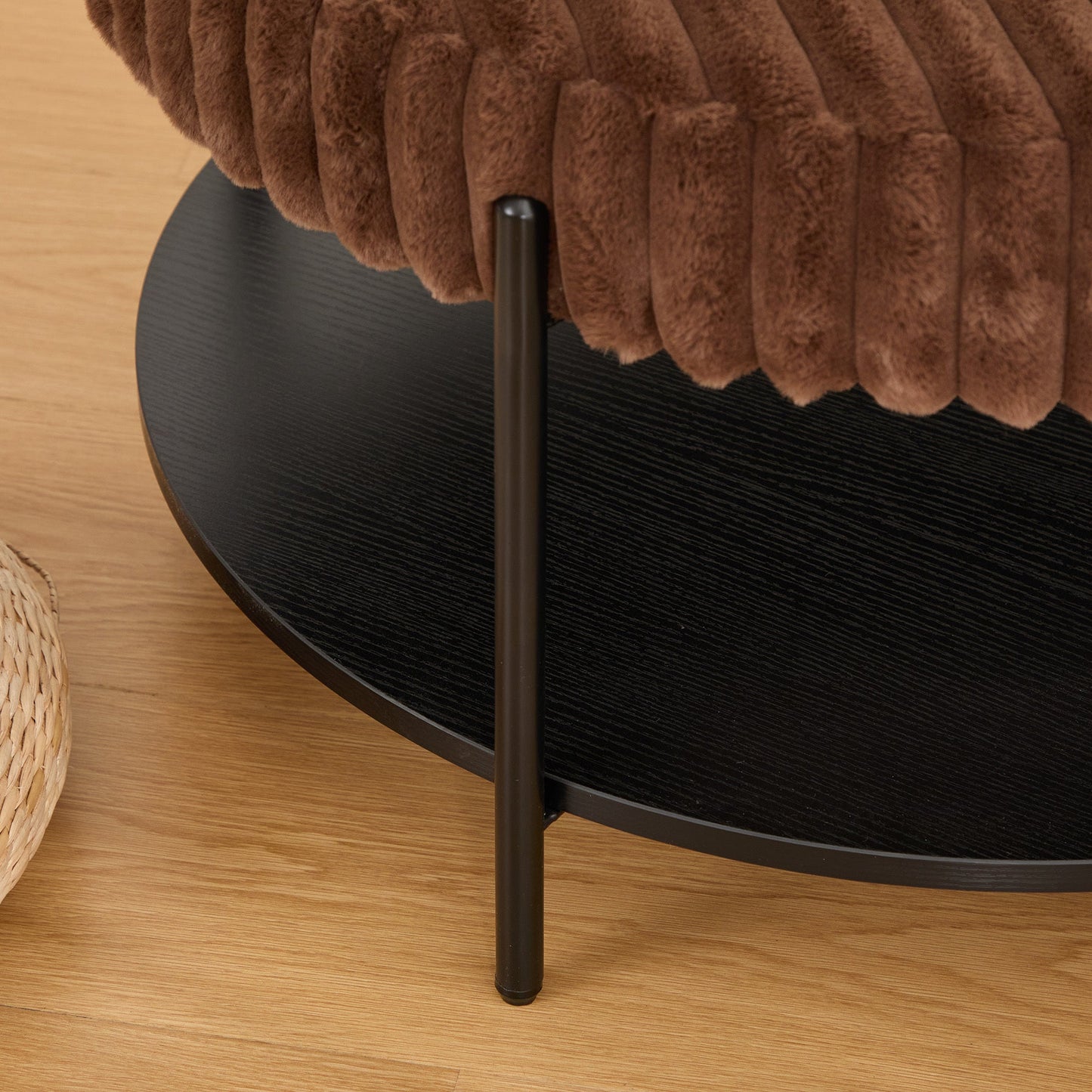 Upholstered Round Ottoman Coffee Table Foot Rest with Black Metal Legs, Brown Faux Fur, 30.9'