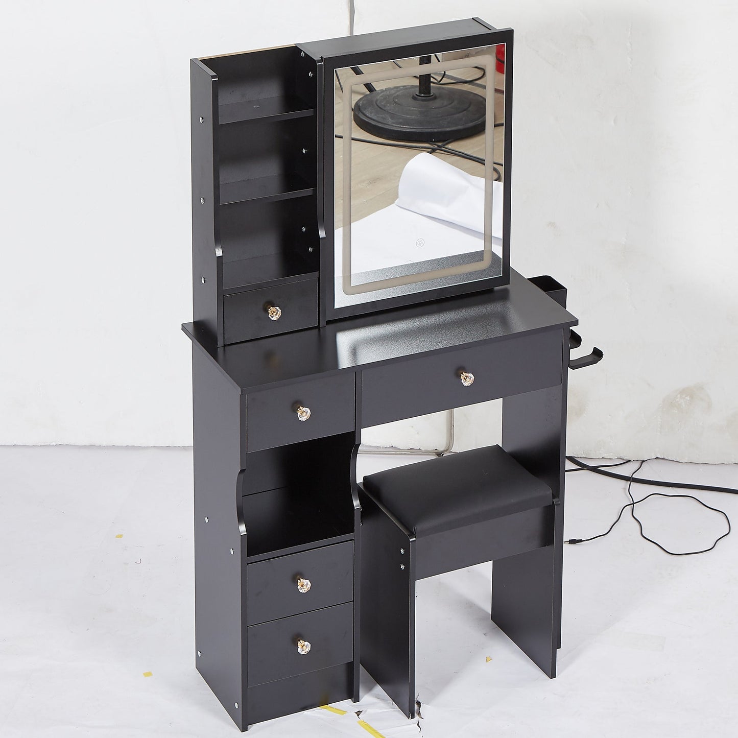 29.2' Small Size Left Drawer Desktop Vanity Table + Cushioned Stool, 2 AC+2 USB Power Station, Hair dryer bracket, Extra Large Touch Control Sliding LED Mirror, Tri-color Switching, Brightness Adjust