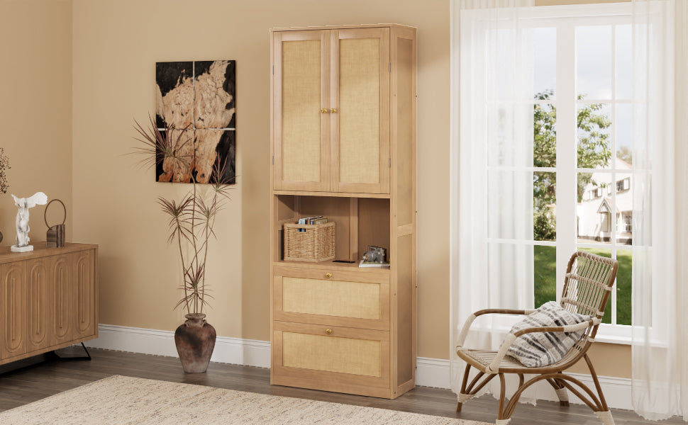 2 Doors Bookshelf with USB Port and 3 Drawers Side Cabinet Storage Shelves, Natural
