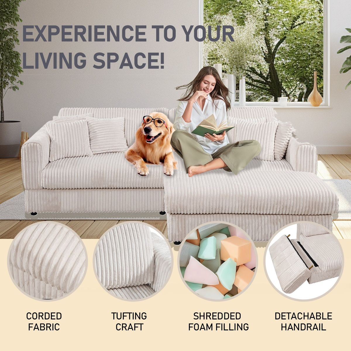 105' Oversized Sectional Sofa Cloud Couch for Living Room, Modern stripe L Shaped Couch, Comfy Boucle Modular Sofa Sleeper with Moveable Ottoman WIth/6 Pillow(WHITE)