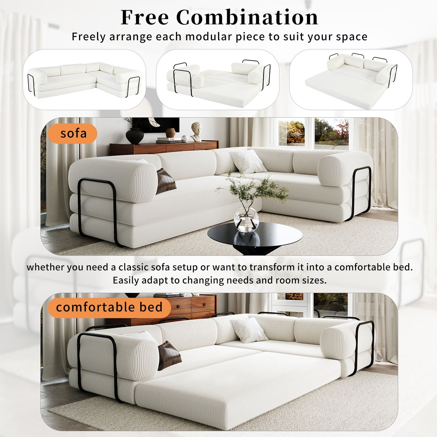 U_Style L-Shaped Modular Sofa Bed in Corduroy Fabric, Ideal for Living Rooms and Apartments