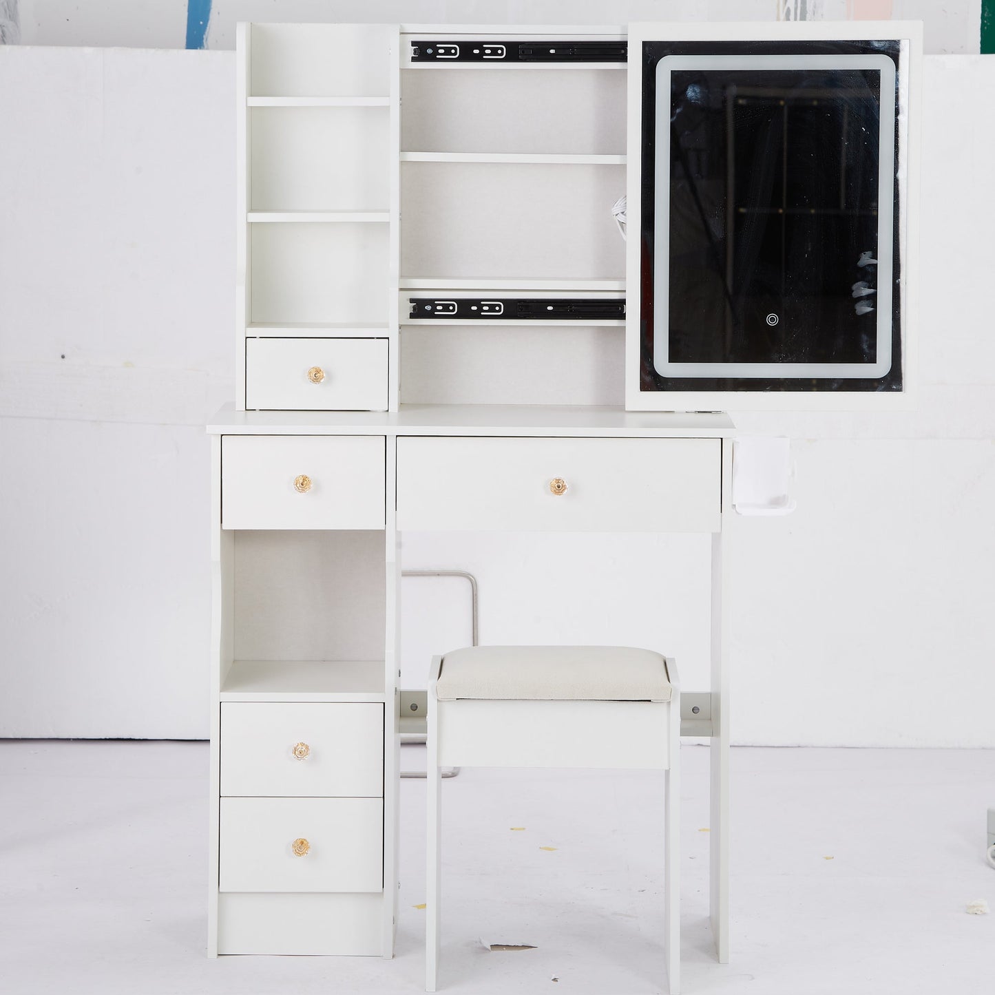29.2' Small Size Left Drawer Desktop Vanity Table + Cushioned Stool, 2 AC+2 USB Power Station, Hair dryer bracket, Extra Large Touch Control Sliding LED Mirror, Tri-color Switching, Brightness Adjust
