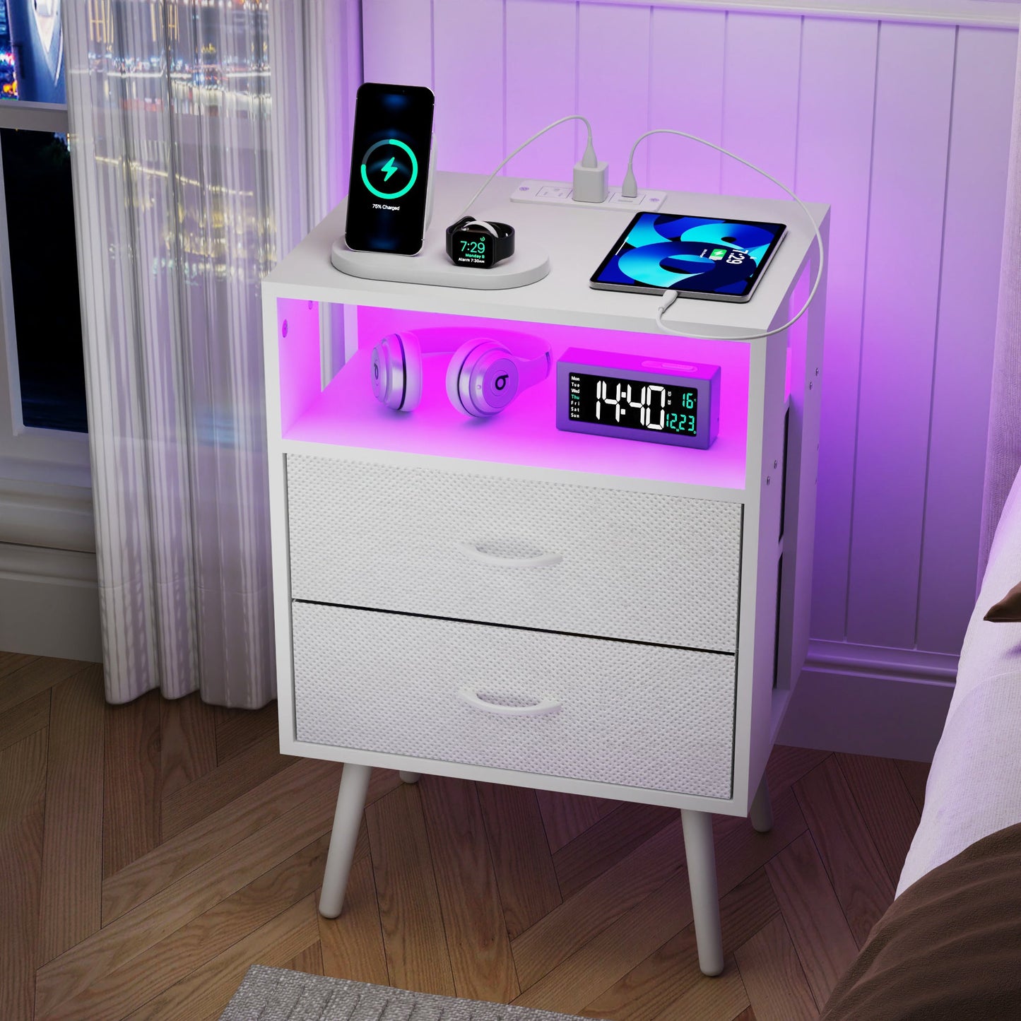 2 Pack Modern Nightstand with Charging Station, Bedside Tables with LED Light and Fabric Drawers