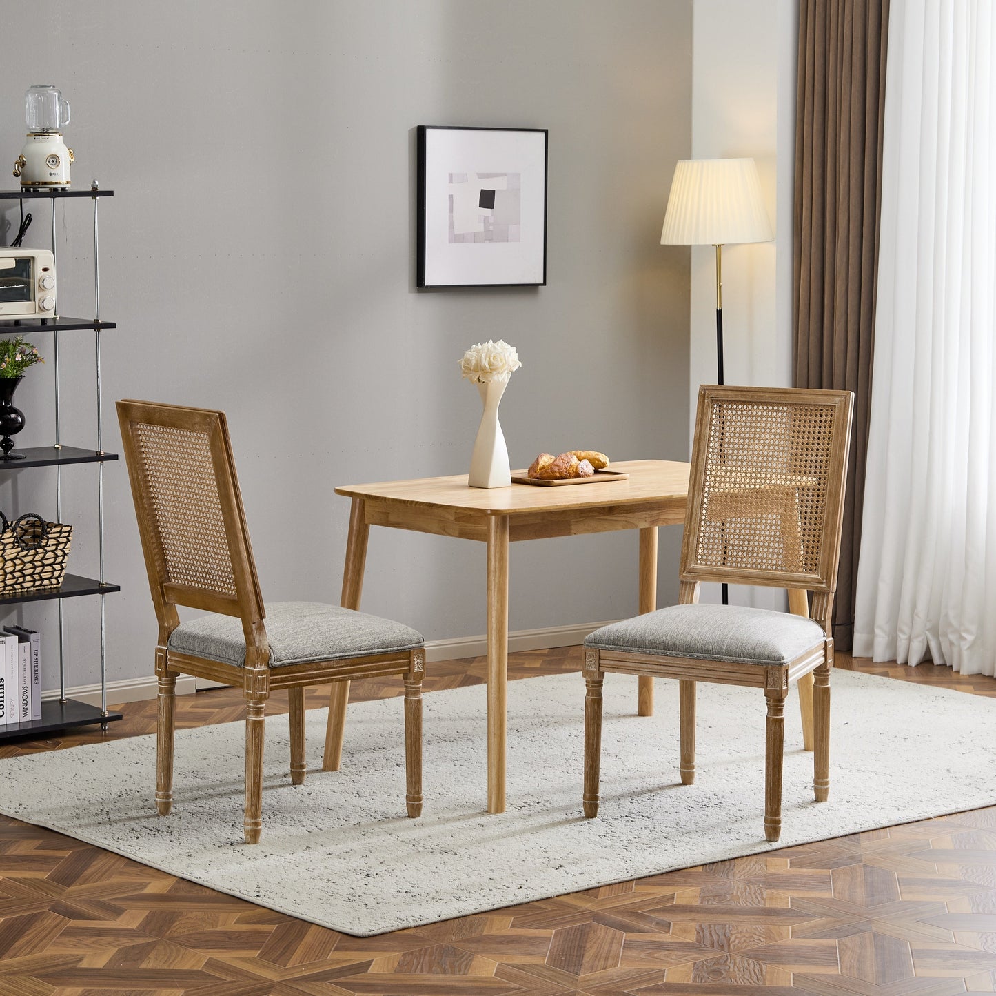 Vintage Inspired French Country Dining Chairs Set - Elegant Cane Backrest & Upholstered Seats - Rustic Weathered Finish - Solid Rubberwood Frame
