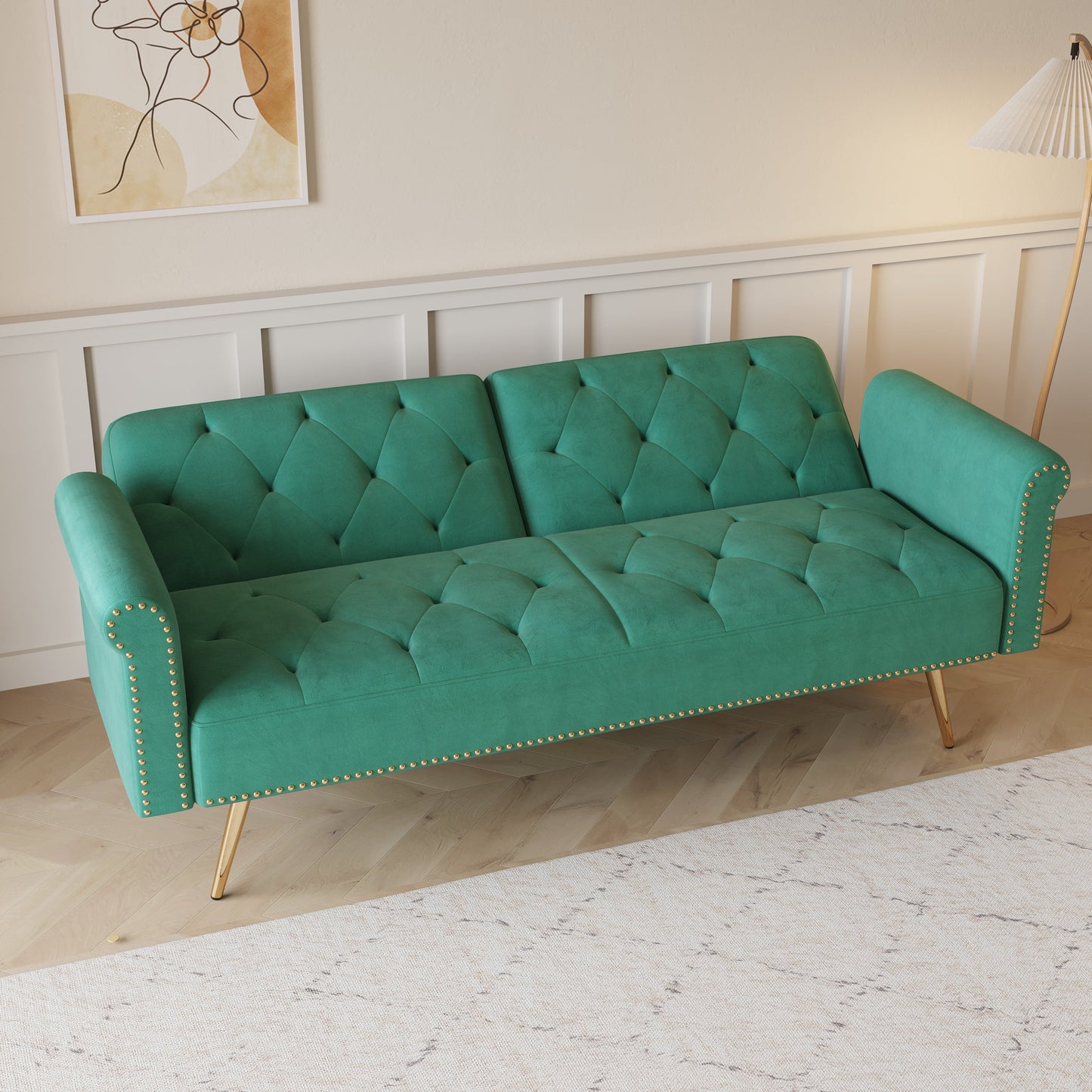 Velvet Sofa Bed with Nail Head Trim and Throw Pillow in Green, 69.7 Inches, Sponge Filling, Gold Metal Legs