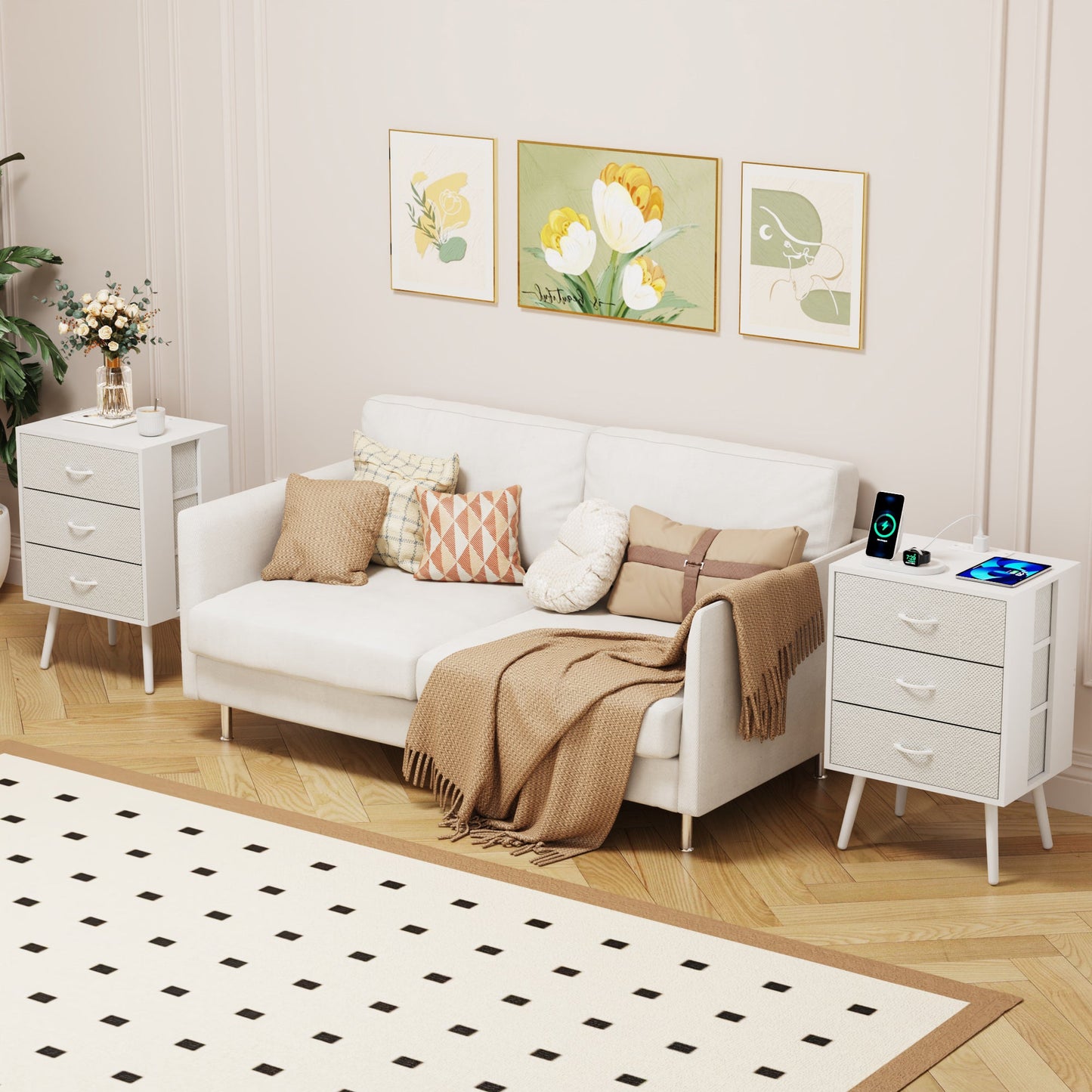 2 Pack Modern Nightstand with Charging Station, Bedside Tables with LED Light and Fabric Drawers