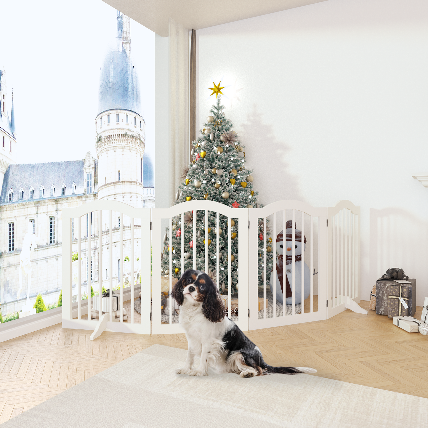 27.6' Height Tall Freestanding Pet Gate, 4 Panels Foldable Dog Gate, Solid Wood Folding Safety Fence Wooden Dog Gate with 2 pcs Support Feet Ideal for Stairs, Doorways, Halls, Kitchens, Heavy Duty Gat