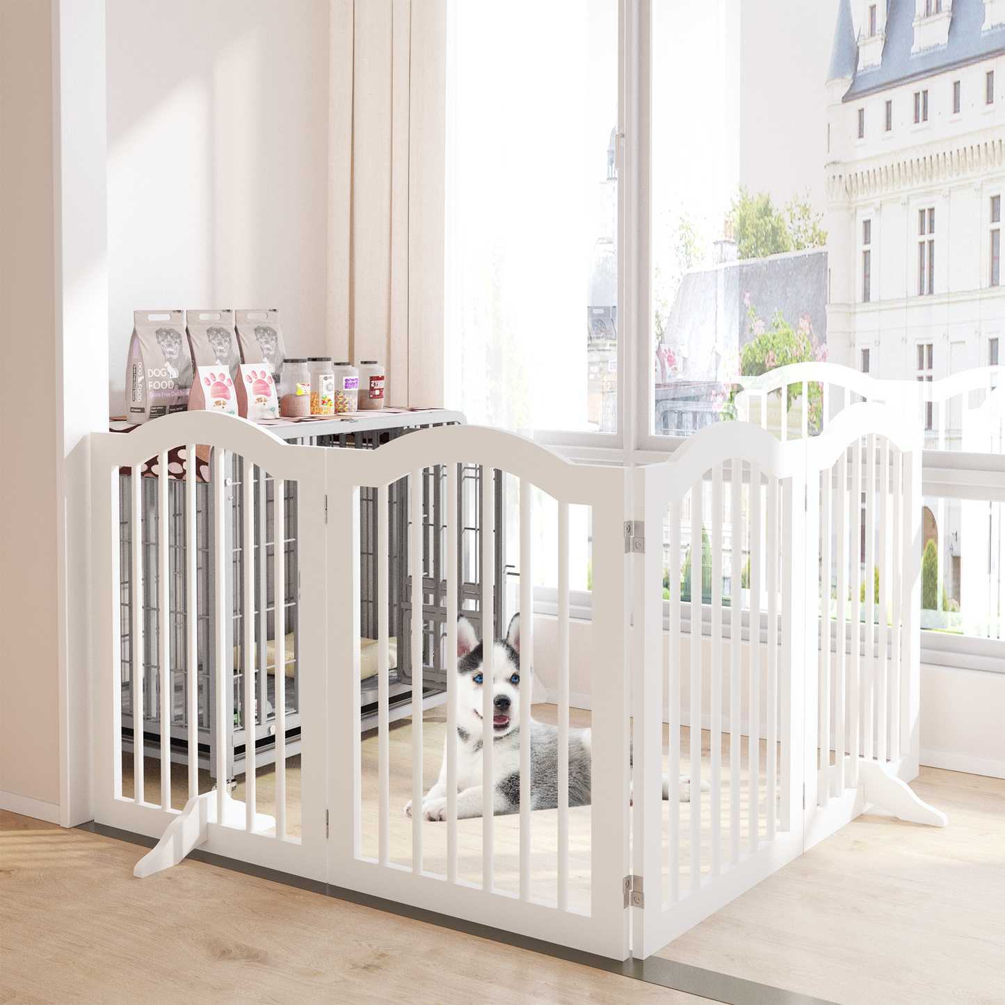 27.6' Height Tall Freestanding Pet Gate, 4 Panels Foldable Dog Gate, Solid Wood Folding Safety Fence Wooden Dog Gate with 2 pcs Support Feet Ideal for Stairs, Doorways, Halls, Kitchens, Heavy Duty Gat