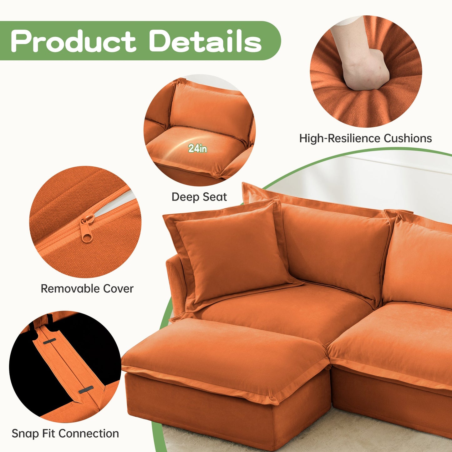 Upholstered Slipcovered Armchair with Ottoman, Deep Seat Armchair W/ Wide Ottoman for Living Room, Armchair Sets with Large Soft Pillows(Set of 2),Chenille Fabric,Orange