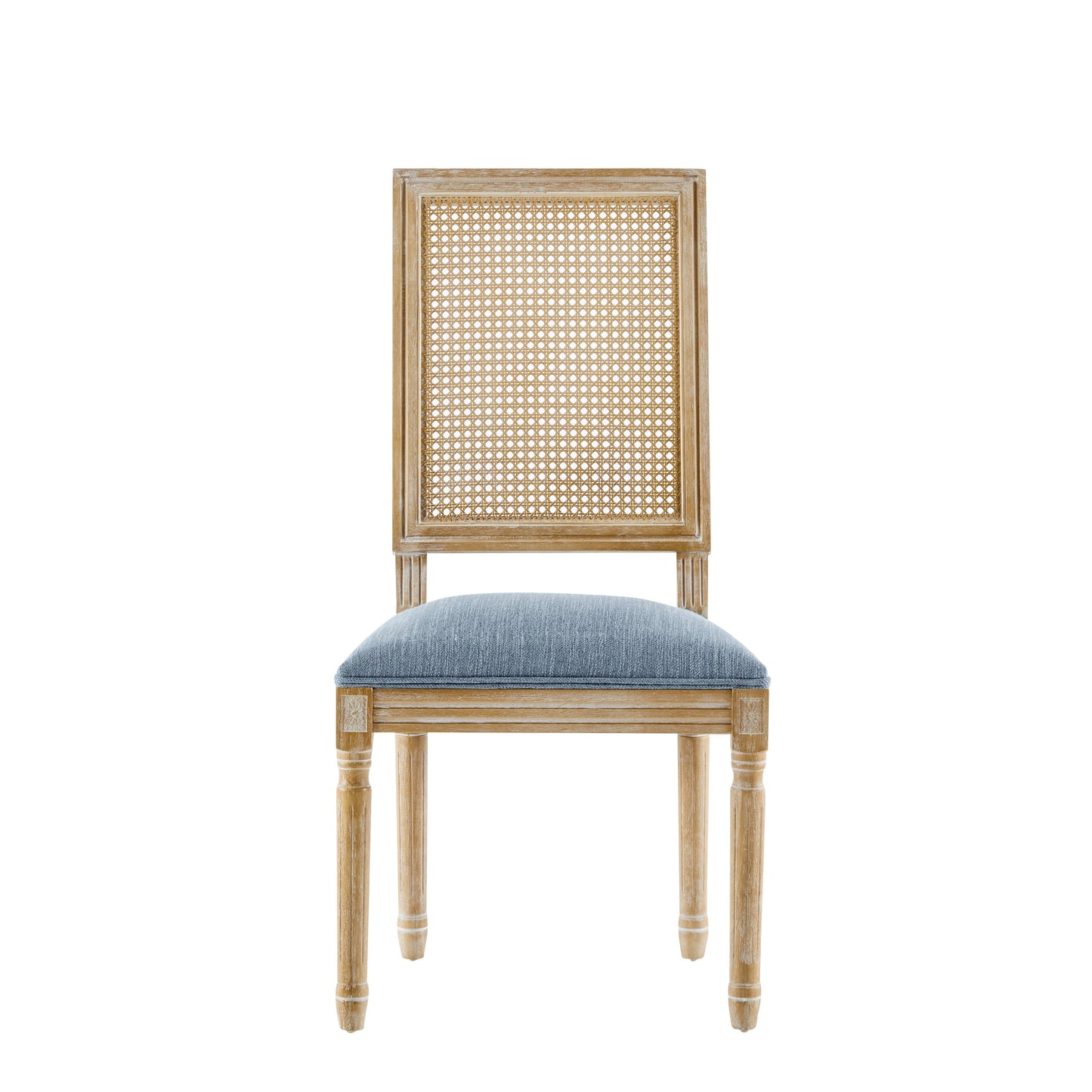Vintage Inspired Set of 6 French Country Dining Chairs with Cane Backrest & Upholstered Seats in Rustic Weathered Finish