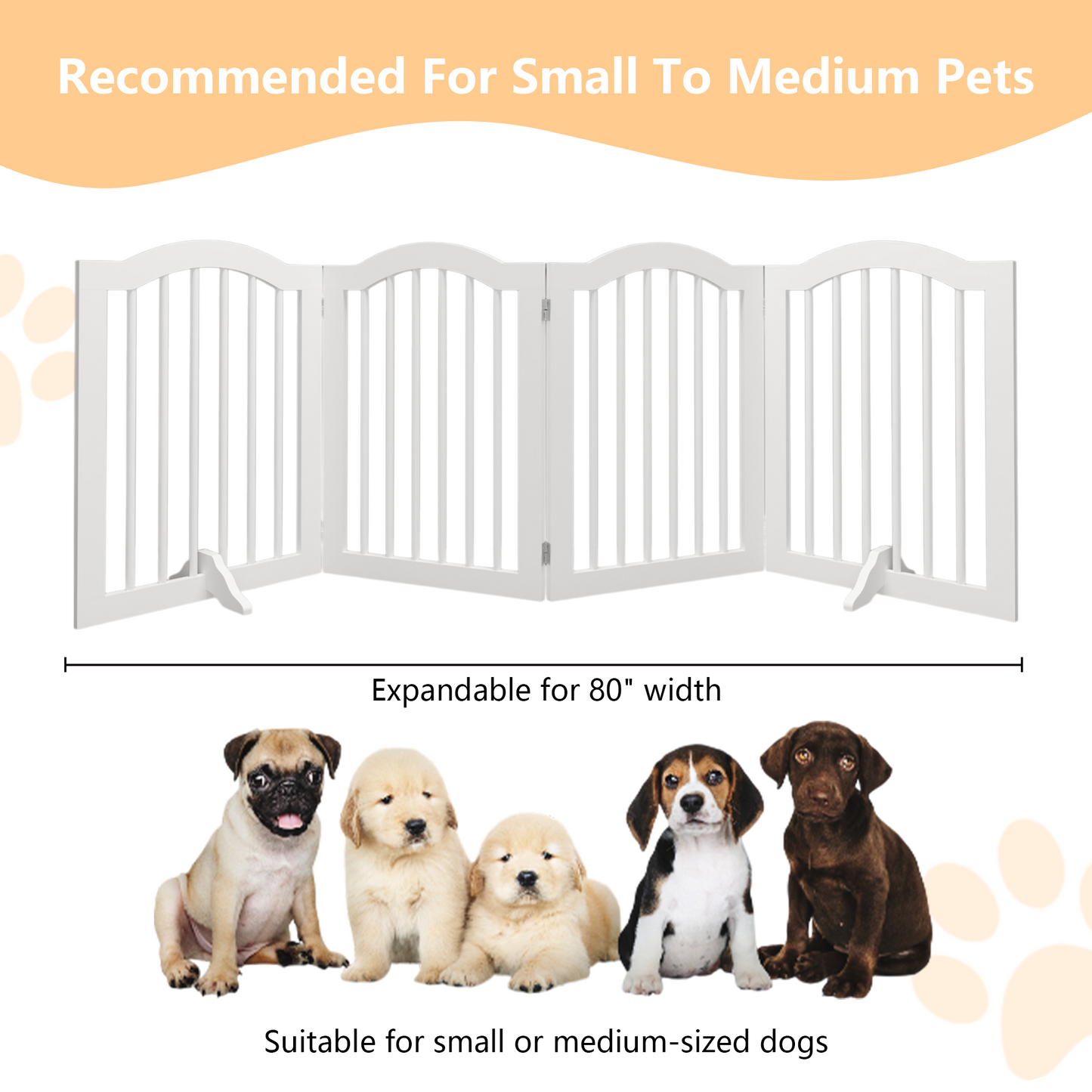 27.6' Height Tall Freestanding Pet Gate, 4 Panels Foldable Dog Gate, Solid Wood Folding Safety Fence Wooden Dog Gate with 2 pcs Support Feet Ideal for Stairs, Doorways, Halls, Kitchens, Heavy Duty Gat