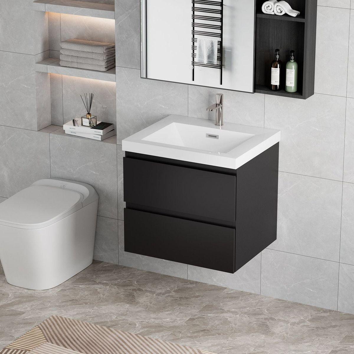 24" Floating Bathroom Vanity with Sink, Modern Wall-Mounted Bathroom Storage Vanity Cabinet with Resin Top Basin and Soft Close Drawers, Glossy Black