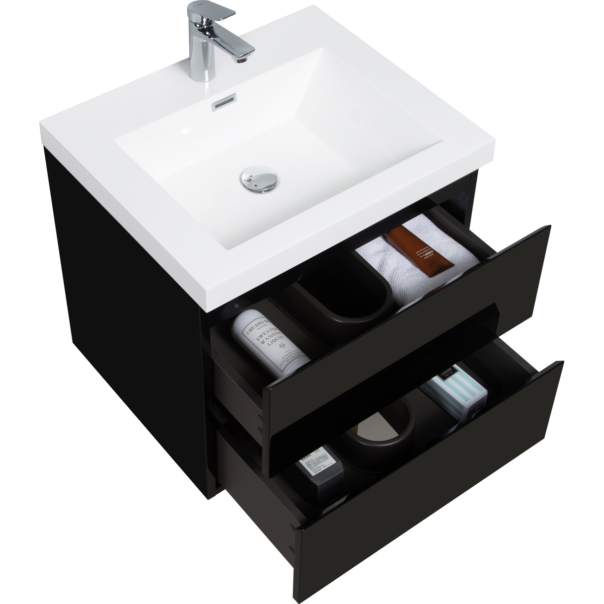 24" Floating Bathroom Vanity with Sink, Modern Wall-Mounted Bathroom Storage Vanity Cabinet with Resin Top Basin and Soft Close Drawers, Glossy Black