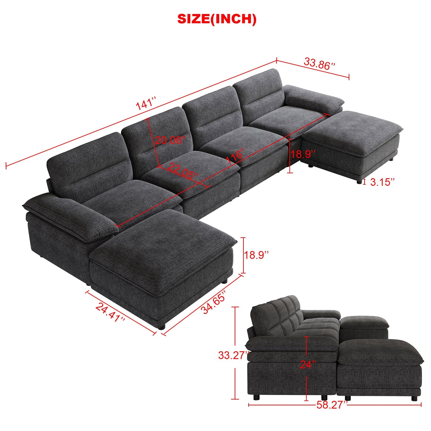 141'' Wide Modern U-shaped Sectional Sofa with high back cushion,6-seat Upholstered Soft Sofa Furniture,Sleeper Sofa Couch with Chaise Lounge for Living Room,Dark Grey