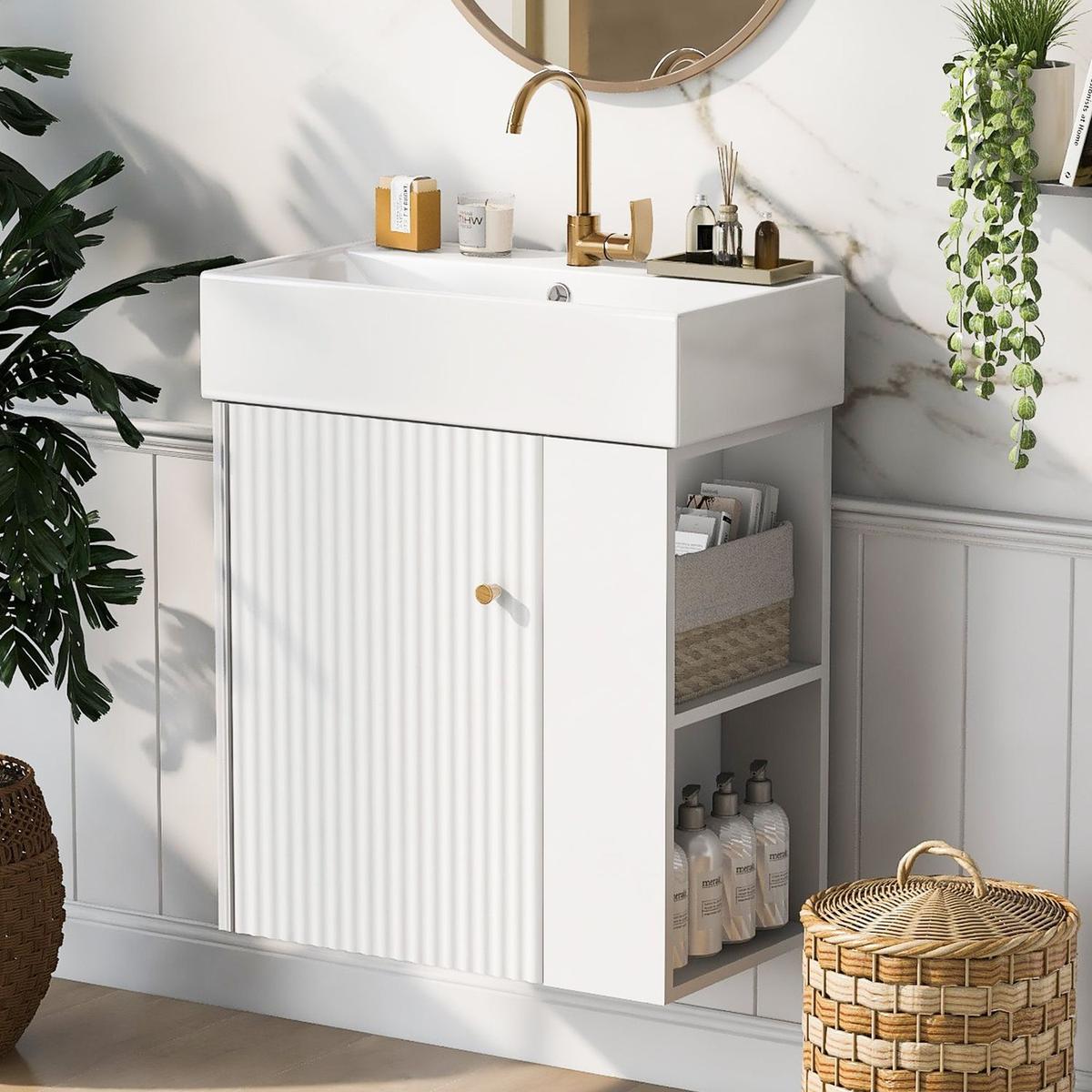 21.6inch Modern Floating Bathroom Vanity with Ceramic Basin - Perfect for Small Bathrooms, Right side storage