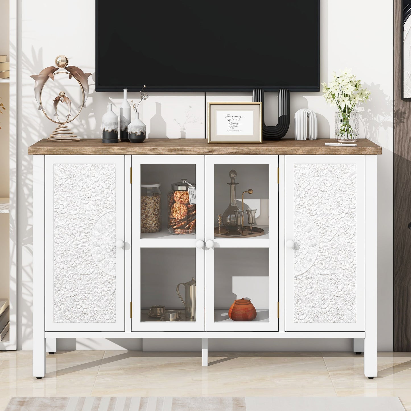 Kitchen Tools & Cookware: U-Can 47.2'' Retro TV Stand for TVs up to 43 Inches, Entertainment Center Media Console Cabinet with 3 Spacious Cabinets, Glass Cabinet Doors and Anti-tip Device for Living room by Streamdale Furniture