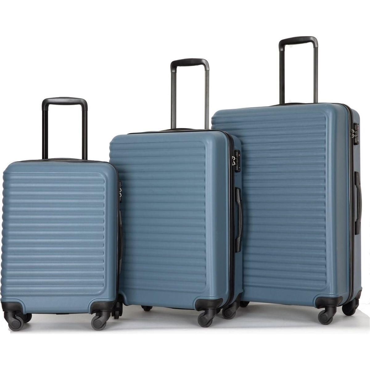 3 Piece Luggage Sets ABS Lightweight Suitcase with Two Hooks, Spinner Wheels, TSA Lock, (20/24/28) Blue