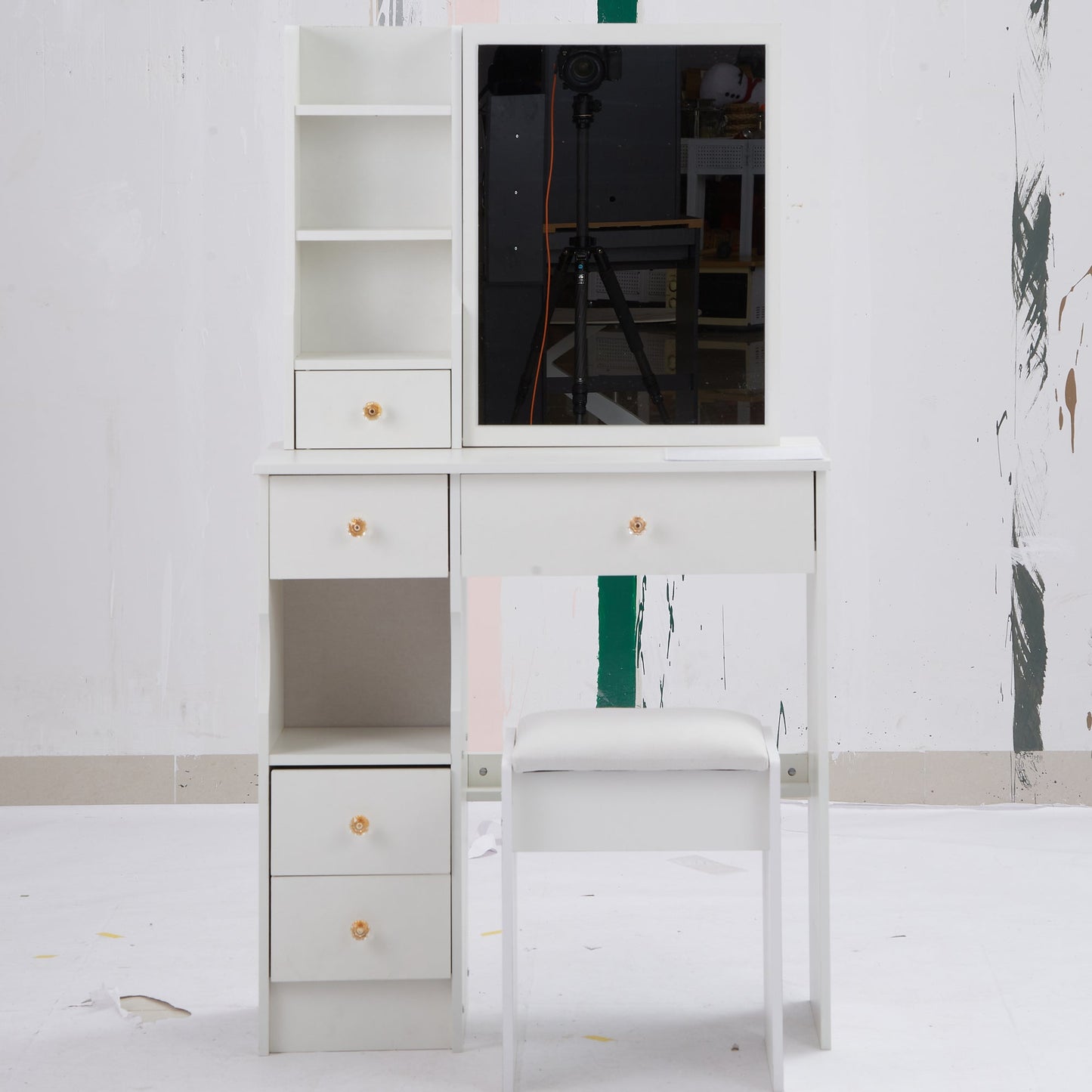 29.2' Small Size Left Drawer Desktop Vanity Table + Cushioned Stool, Extra Large Right sliding mirror, Multi Layer High Capacity Storage, Practical Fashionable Dresser, Suitable For Small Space