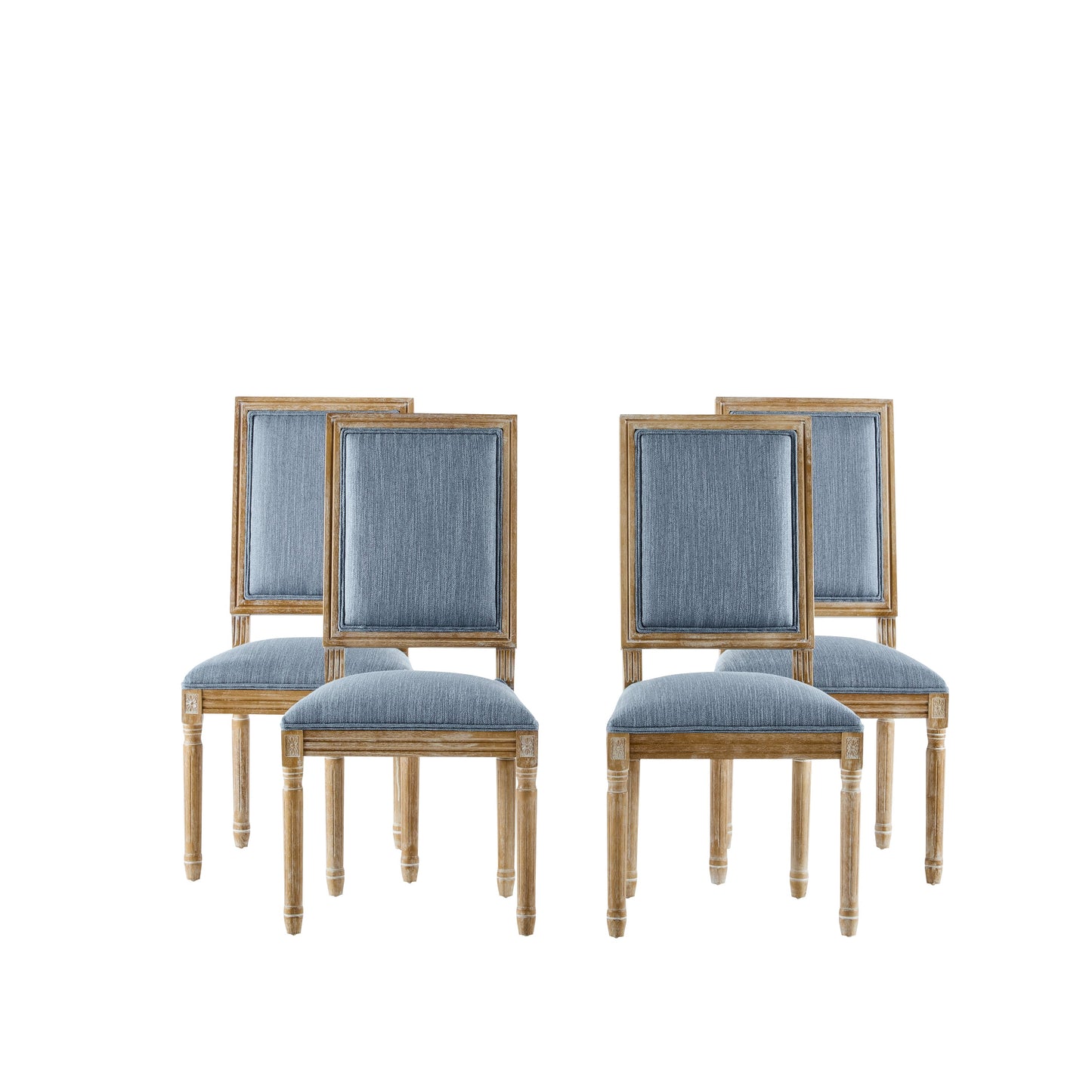 Vintage Inspired French Country Dining Chairs Set of 4 with Cane Backrest & Upholstered Seats, Solid Rubberwood, Slate Blue