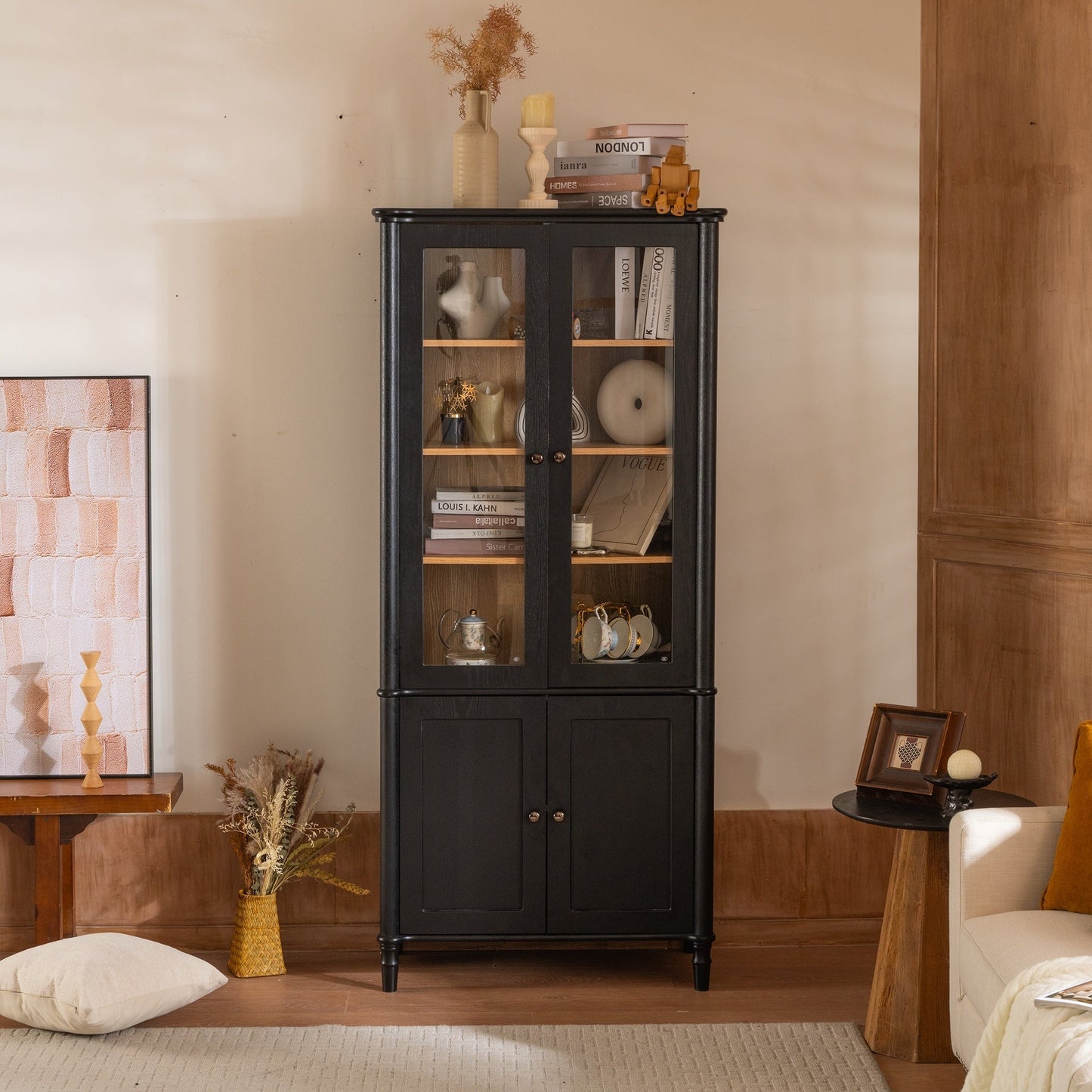 Vintage Display Cabinet with Double Glass Doors, Traditional Style for Collectibles - Black, Ash Wood Veneer, 73.25'' Tall