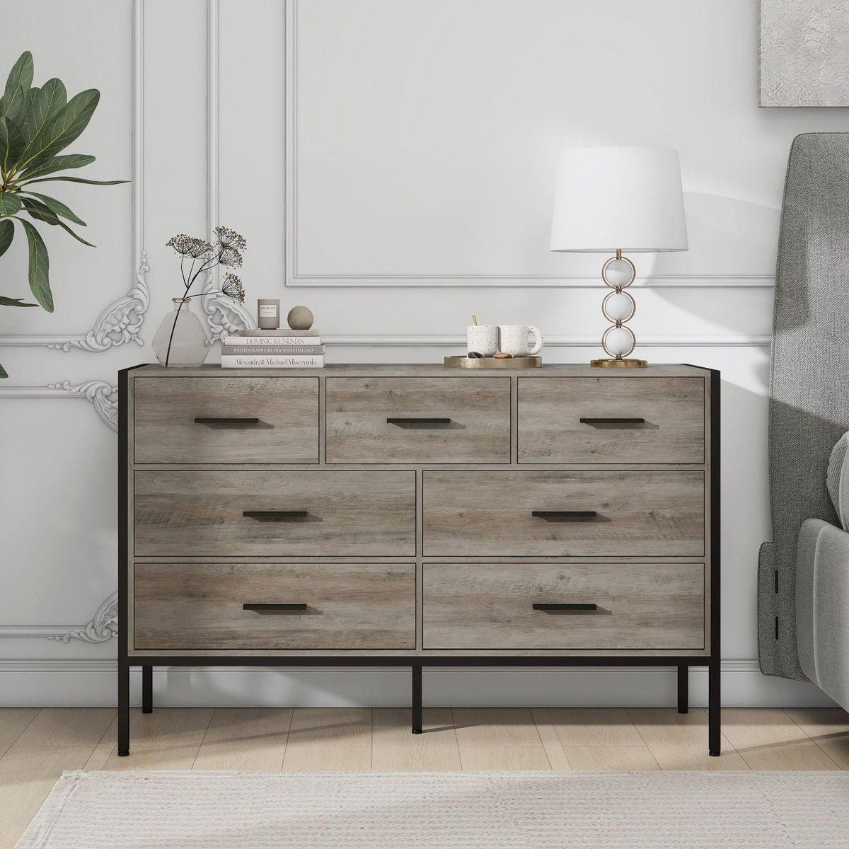 Wood Dresser with 7 Drawers, Wooden Storage Closet for Bedroom, Solid Clothes Cabinet with Sturdy Steel Frame, 48.58"Wx15.75"Dx31.22"H, 48 inch, Rustic Grey