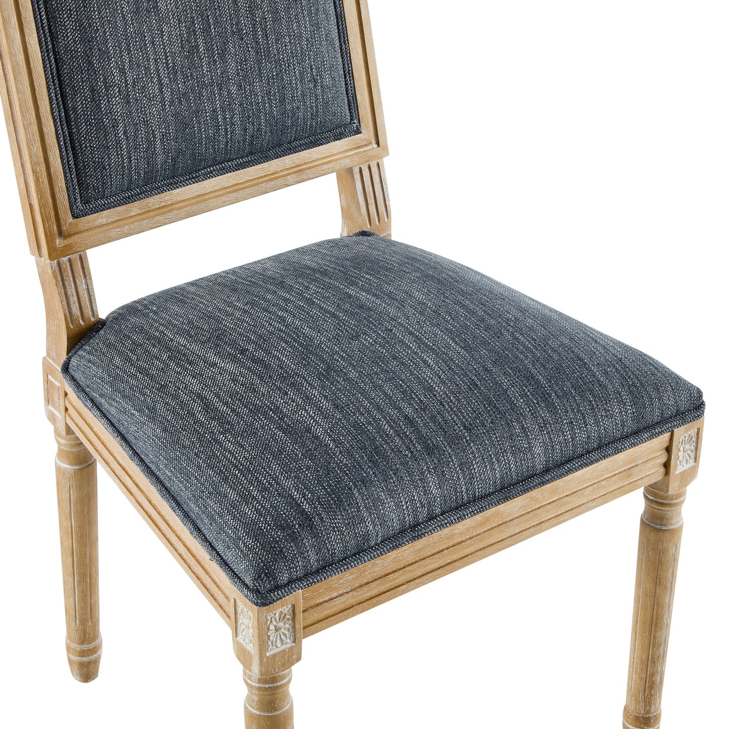 Vintage Inspired Set of 4 French Country Dining Chairs with Elegant Cane Backrest & Upholstered Seats in Rustic Weathered Blue Gray, Solid Rubberwood Frame