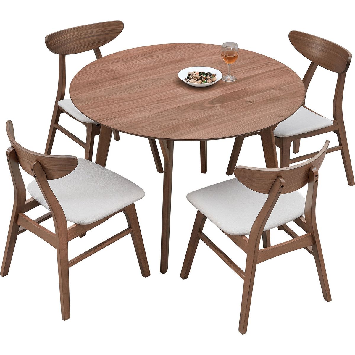 Wooden Dining Table Set, Modern Simple Design Round Kitchen Table and Fabric Upholstered Dining Chairs for Dining Room, Kitchen, Saving Space(1 Table with 4 Chairs),Walnut