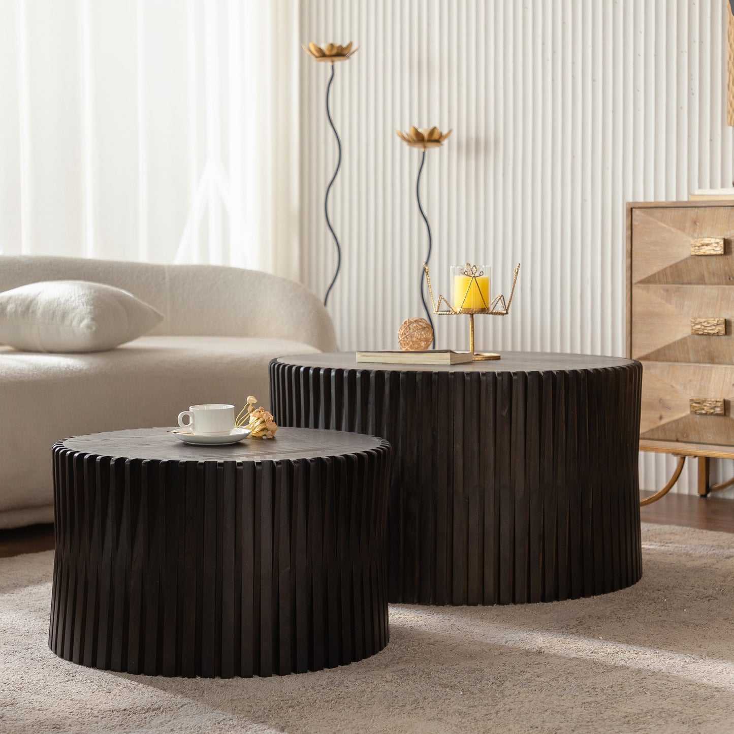 Vintage Fashion Style Cylindrical Nesting Coffee Table Set with Vertical Textured Embossed Design for Living Room, Office and Dining Room, Dark Brown (Set of 2)