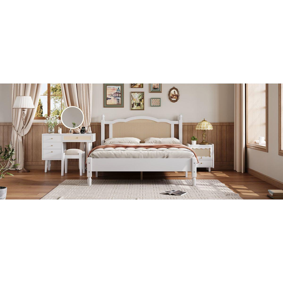 3 Pieces Bedroom Set with Queen Size Wooden Bed Frame, 1 Vintage Nightstand and 1 Makeup Vanity Set with Stool,White