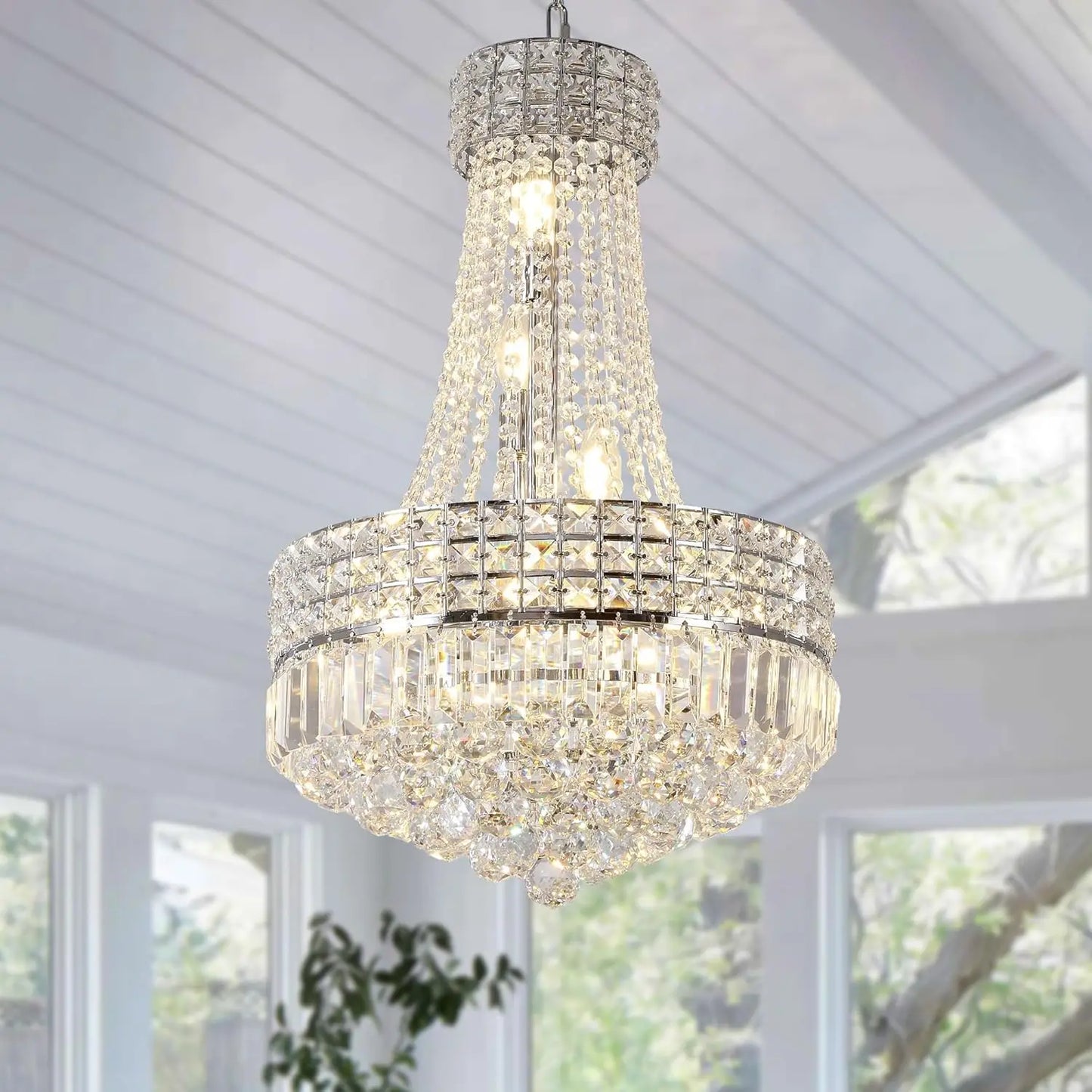 Modern Crystal Chandeliers for Dining Room Lights Fixtures Silver Chandeliers for Bedroom Round Crystal Hanging Ceiling Lighting