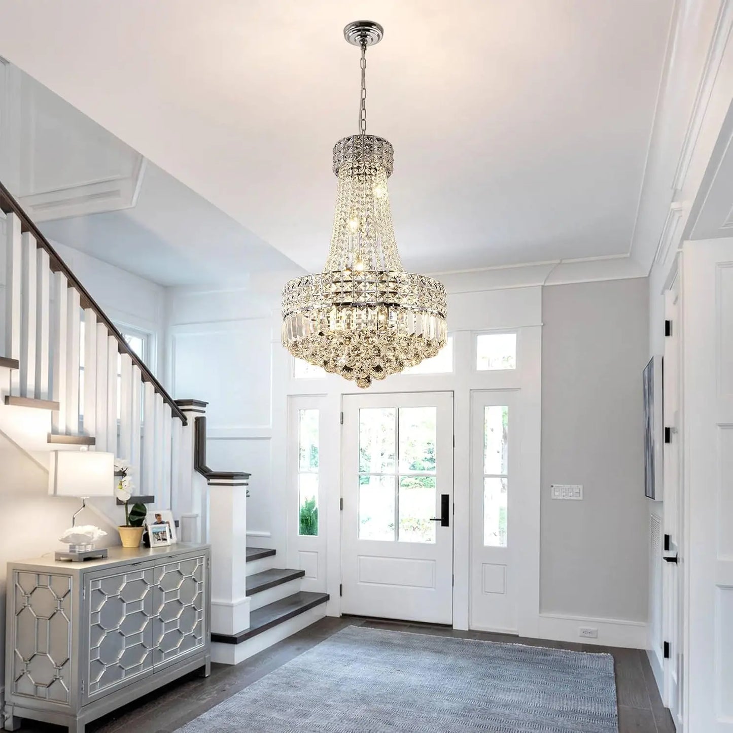 Modern Crystal Chandeliers for Dining Room Lights Fixtures Silver Chandeliers for Bedroom Round Crystal Hanging Ceiling Lighting