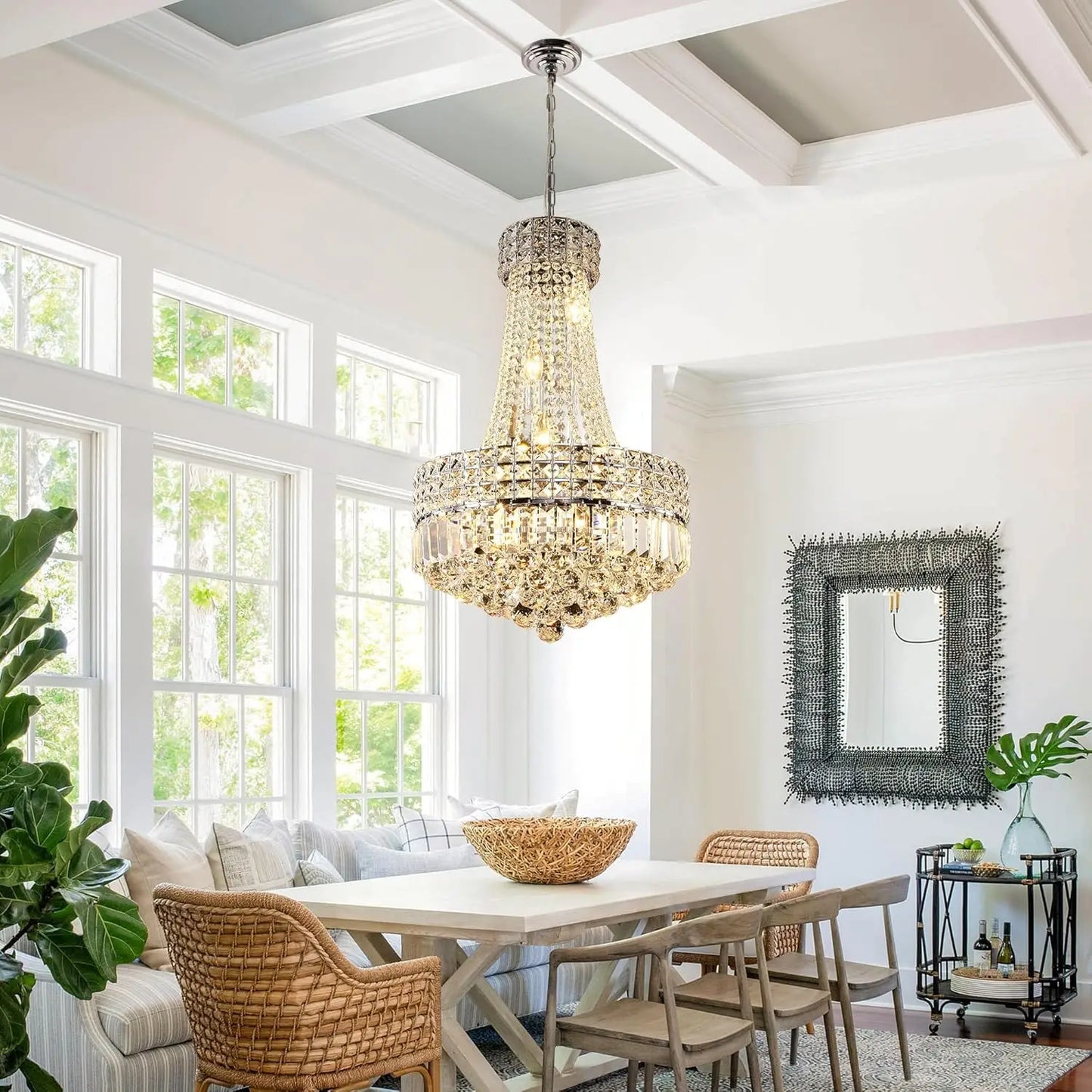Modern Crystal Chandeliers for Dining Room Lights Fixtures Silver Chandeliers for Bedroom Round Crystal Hanging Ceiling Lighting