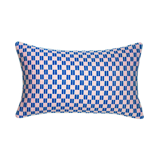 Checkered Brocade Pillow - Pink & Blue 12" x 20"