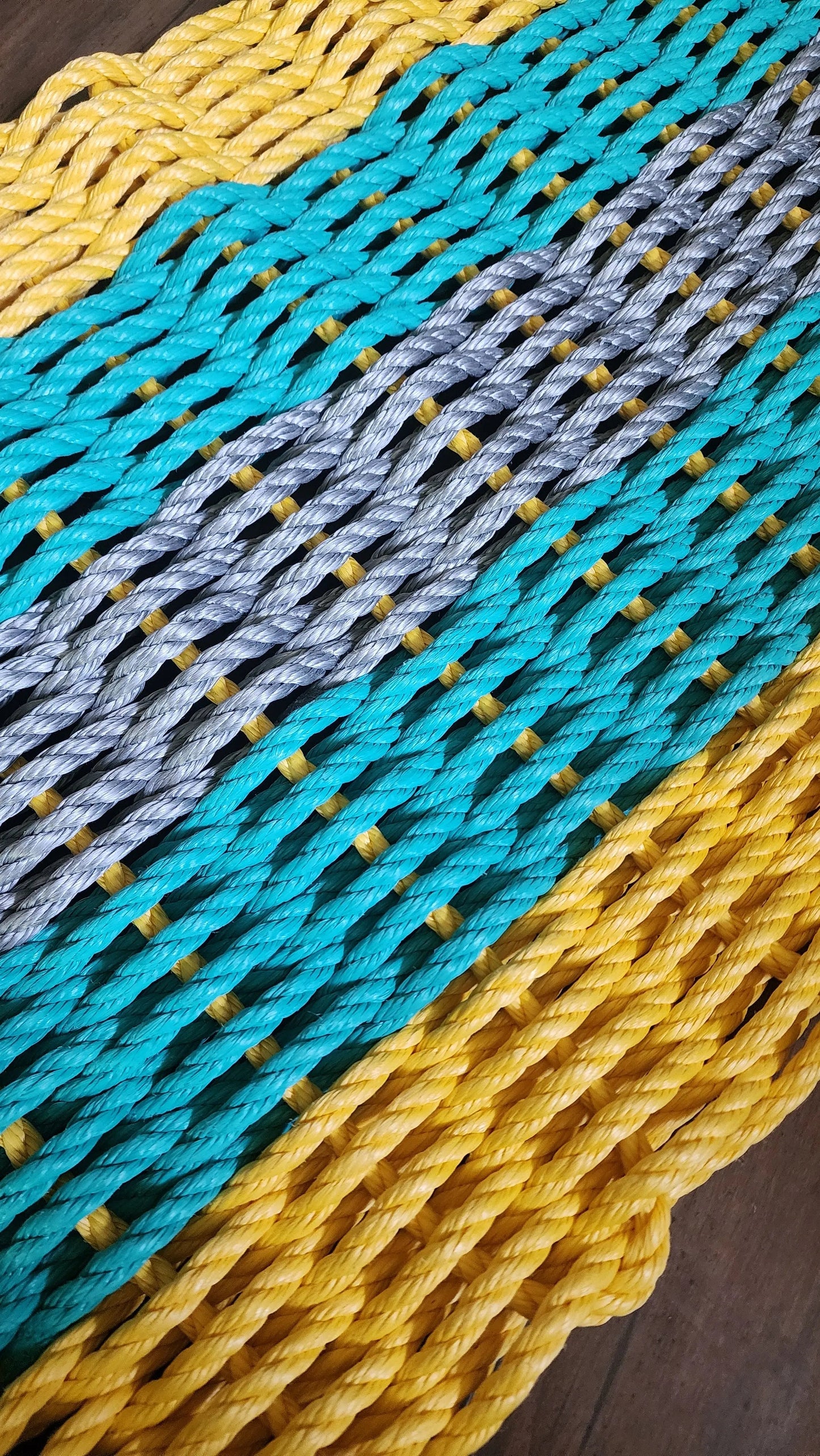 Area Rug: Five Stripe Rope Mat Yellow Teal Gray by Little Salty Rope