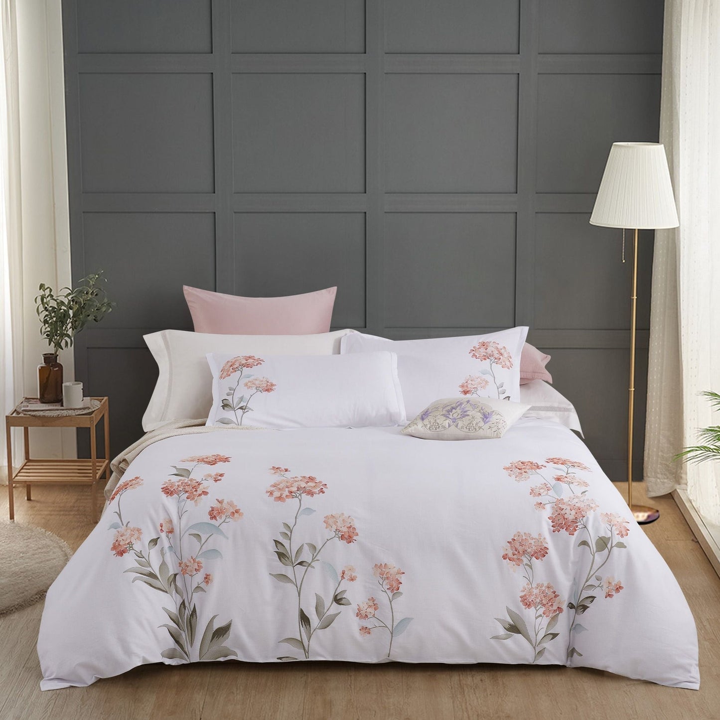 Hydrangea 100% Cotton Embroidered Duvet Cover Set