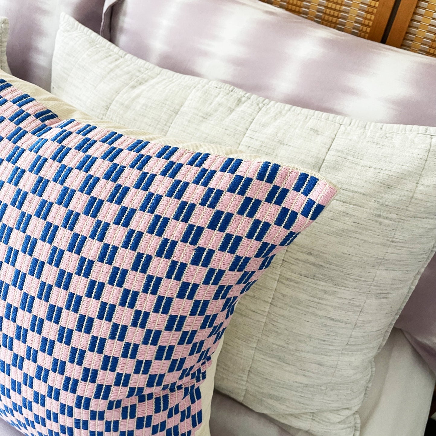 Checkered Brocade Pillow - Pink & Blue 12" x 20"