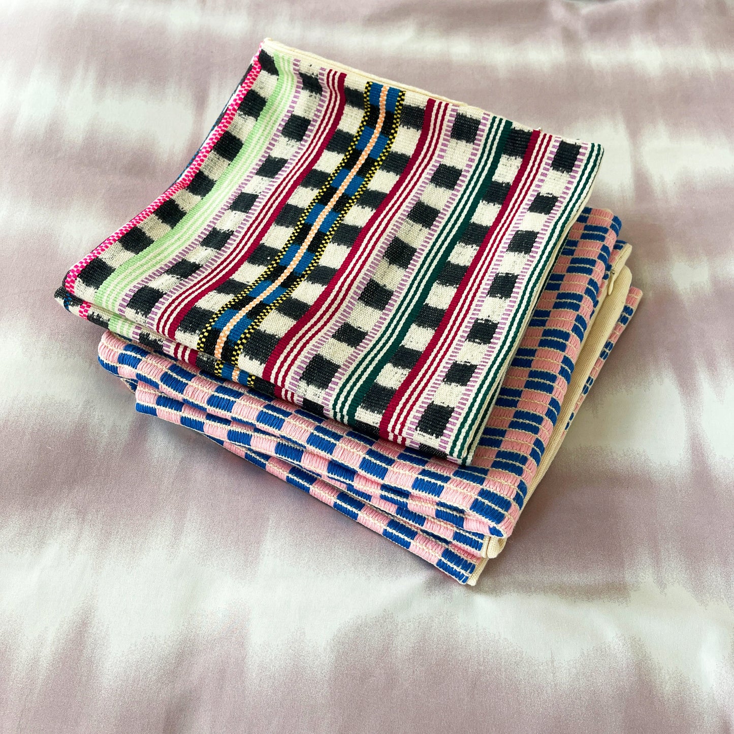 Checkered Brocade Pillow - Pink & Blue 12" x 20"